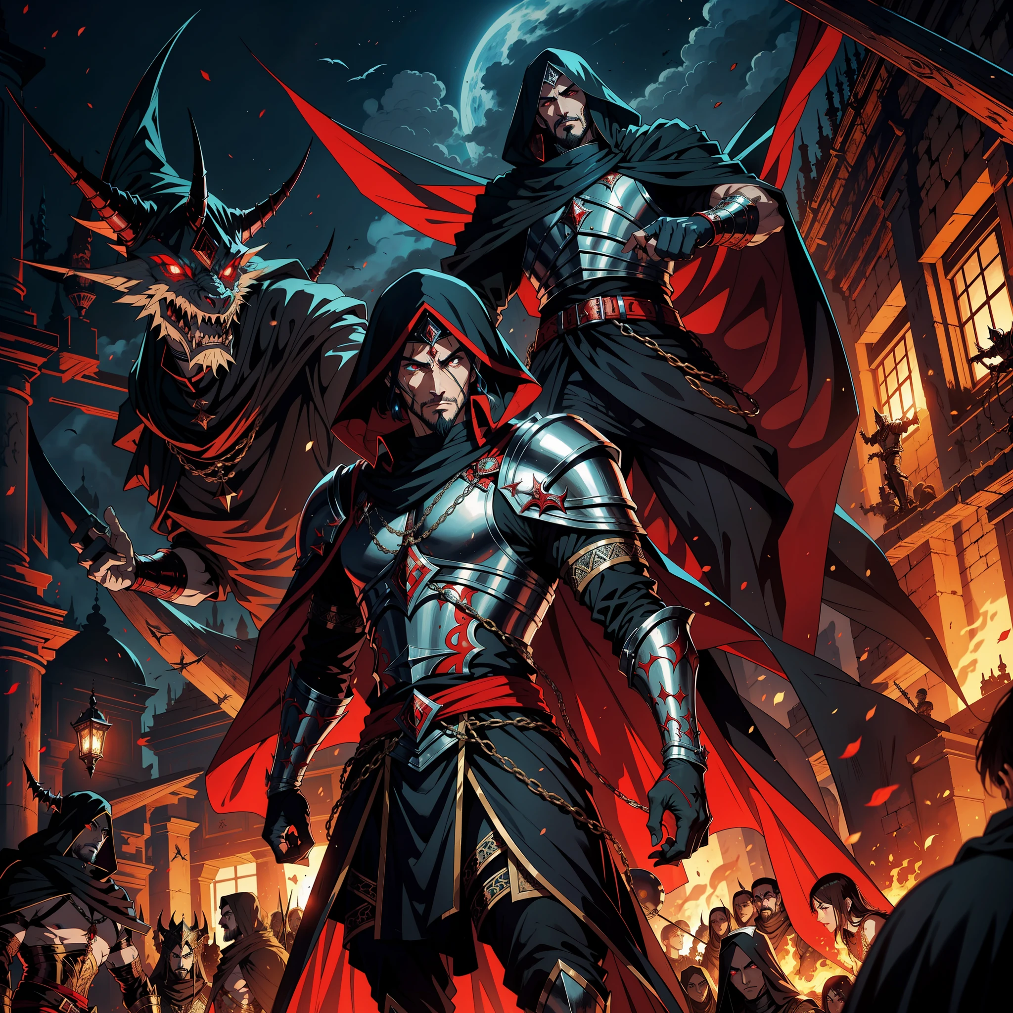 Seigneur arabe marocain Dracula moroccan warrior Armor Wear Muscle, fearless, Scary handsome man leading an army of jinns 10 demon jinns around him War Battle Atmosphere
