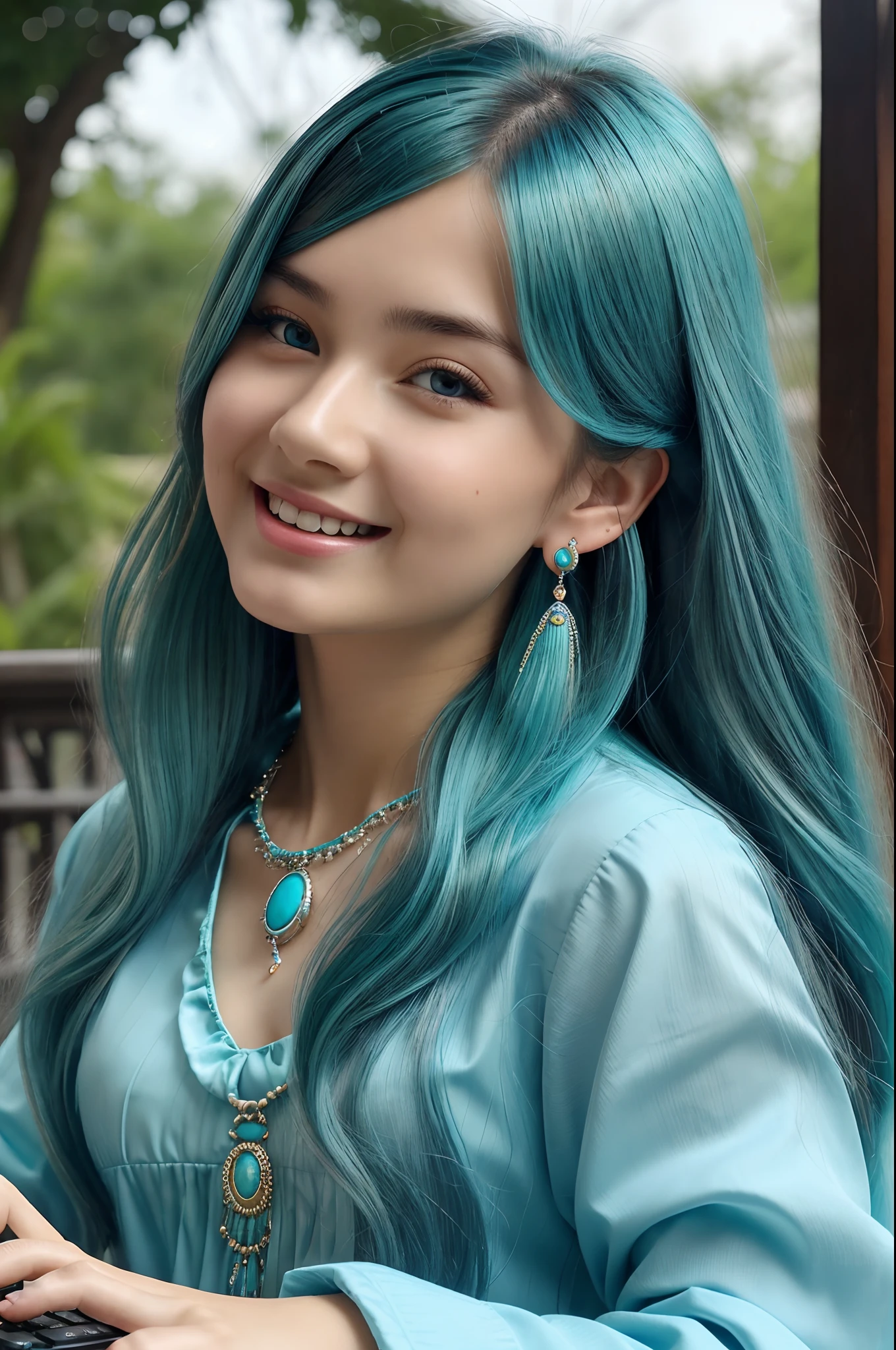 masterpiece, best quality, ultra-detailed, illustration,(1girl),beautiful detailed eyes, looking at viewer, (holding a computer keyboard), happy, (turquoise hair:1), (blue rounded eyes:1), (round earring), (turquoise big gem necklace), cute round face, long hair, smile, fantasy chinese clothes