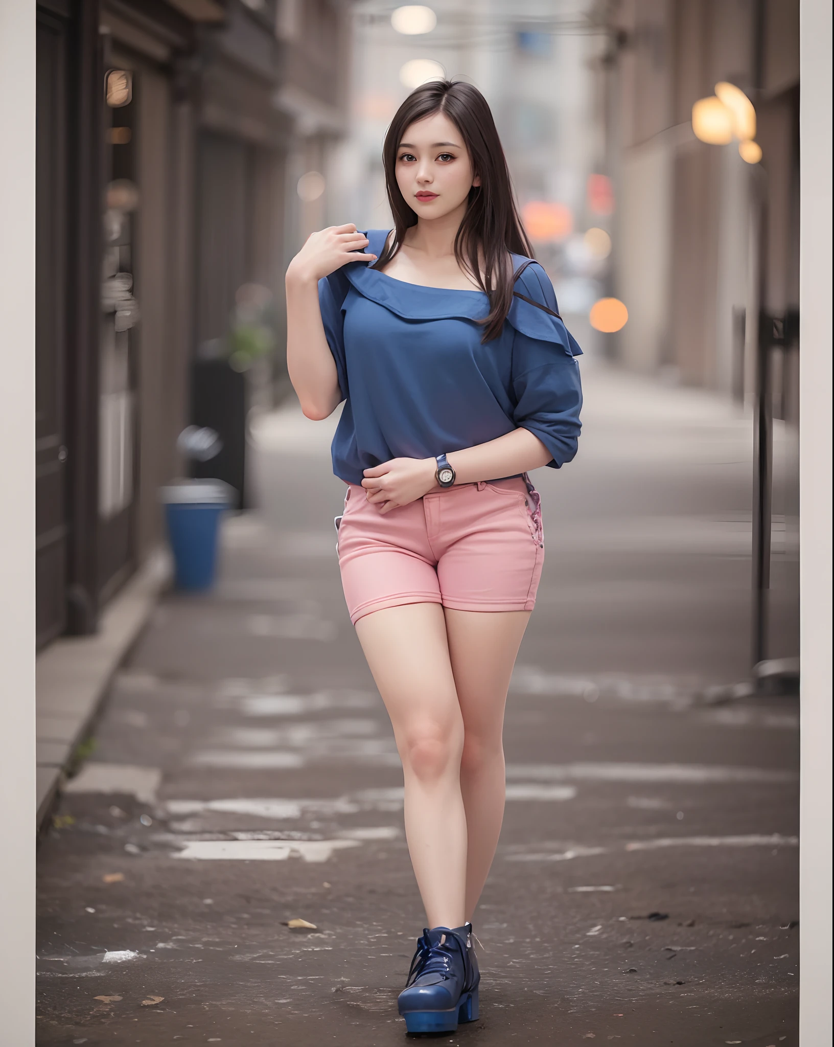 arafed woman in blue top and pink shorts posing for a picture, casual photography, with lovely look, beautiful model girl, beautiful girl model, handsome girl, attractive girl, dressed in a top and shorts, fashion model, dark blue and red, pretty girl, casual pose, attractive pose, cute beautiful, taken with canon eos 5 d mark iv, canon 135 f2