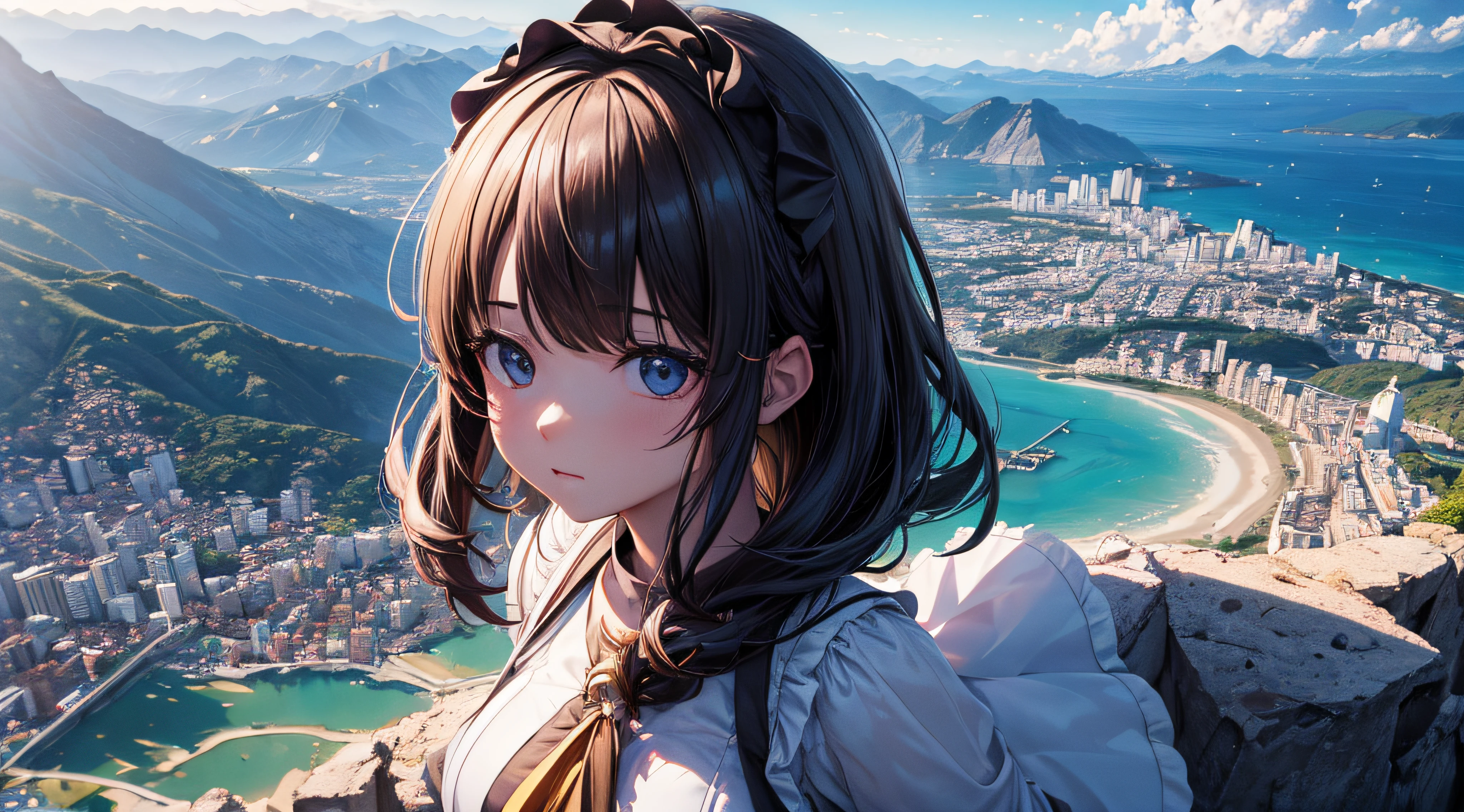 ((master part)), (((best quality))), ((ultra-detalhado)), (Amazing:1.1), de anime triste olhando para o horizonte, Foto premiada, BLN-L24, exposure,Alto contraste,low saturation,high saturation 8k 3D, f 2.8 lentes, Aerial view, Cinematic lighting