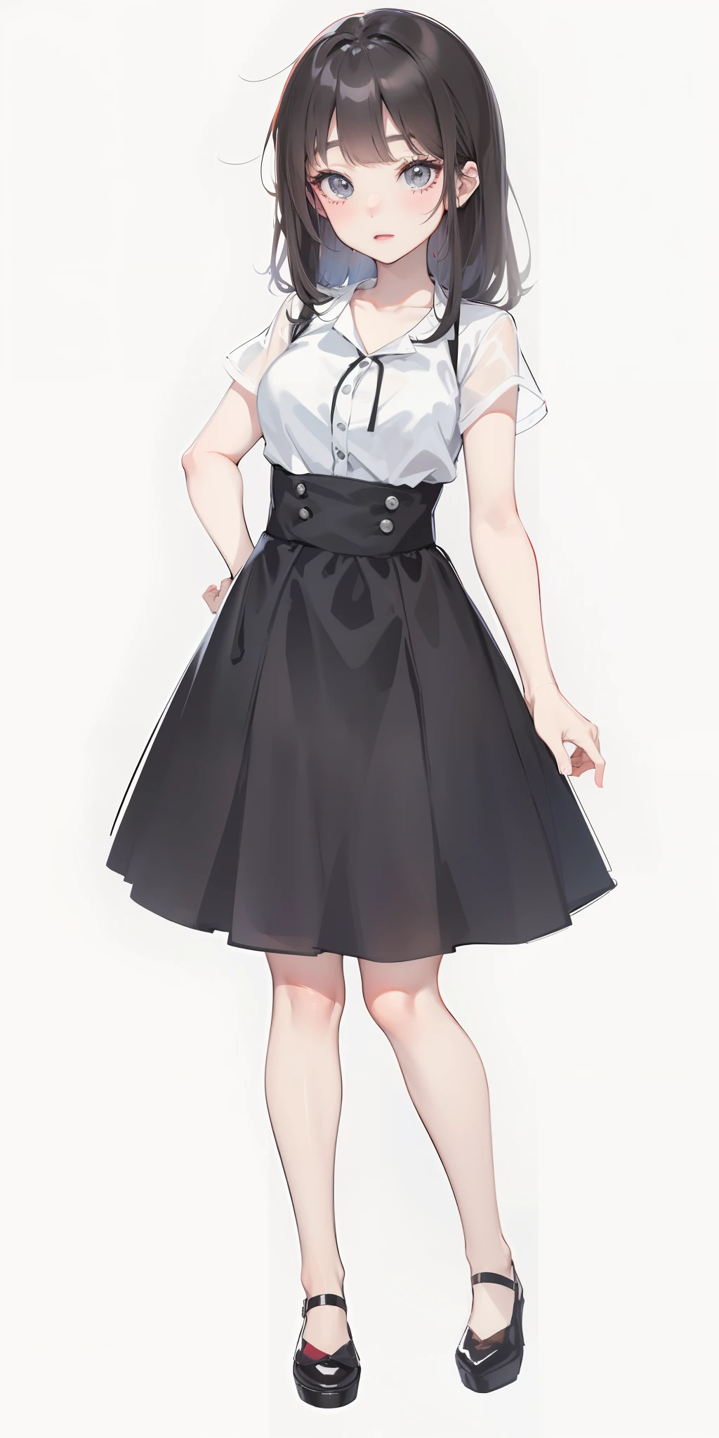 ((Best quality)), anime girl in a black skirt and white shirt with a bow, full body portrait of a short!, anime girl wearing a black dress, !!full body portrait!!, fullbody portrait, cute elegant pose, anime full body illustration, single character full body, render of april, full body illustration