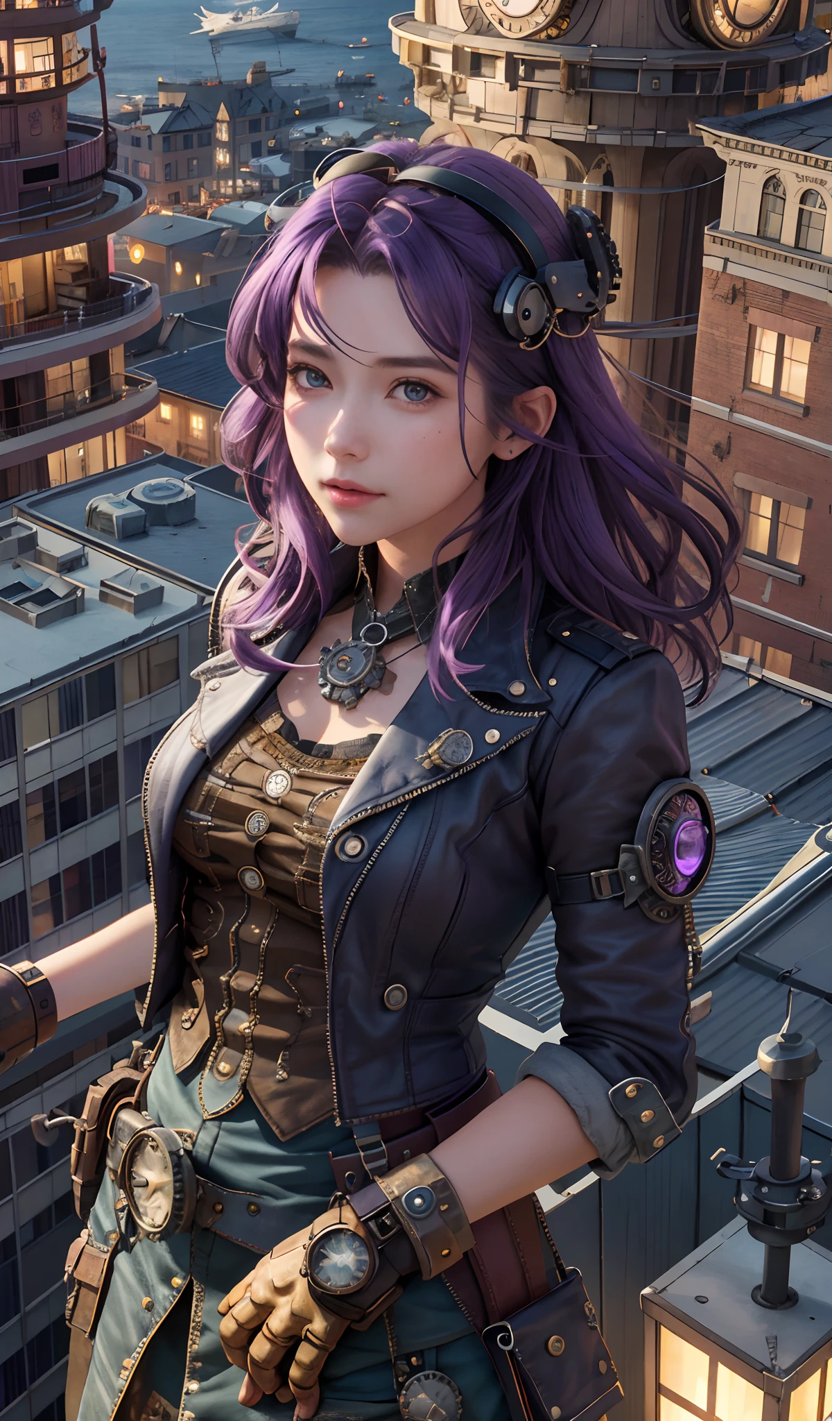 girl srading on top of a building, airships in the sky, airplanes, very detailed, realistic, traced lights, 4k, gourgeos, gears, steampunk style, magical, cap, purple hair, bracelets, intricate details, gourgeos landscape, digital art, realistic, misteryous, gloves, inspiring, defined curves, sensual