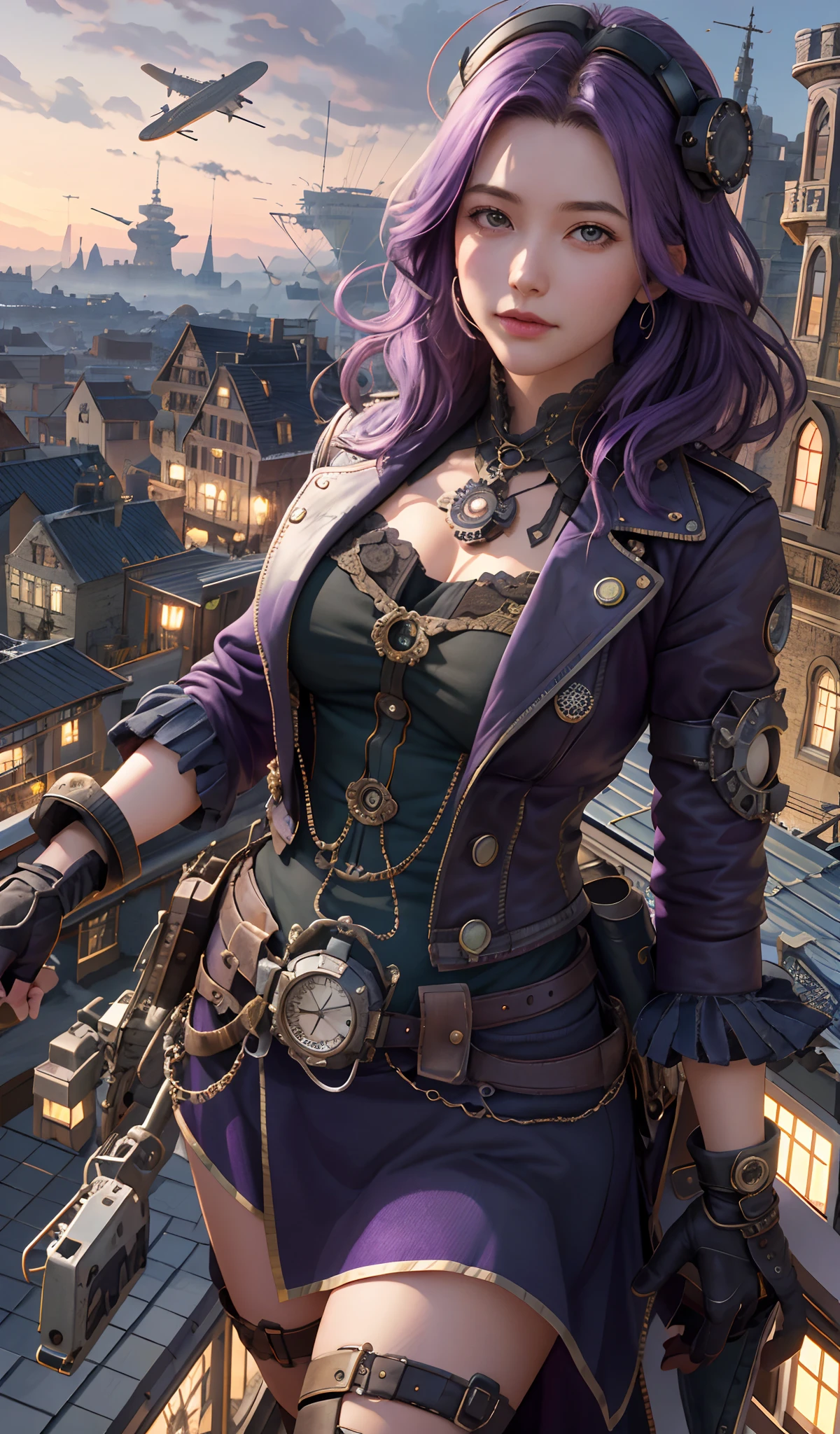 girl srading on top of a building, airships in the sky, airplanes, very detailed, realistic, traced lights, 4k, gourgeos, gears, steampunk style, magical, cap, purple hair, bracelets, intricate details, gourgeos landscape, digital art, realistic, misteryous, gloves, inspiring, defined curves, sensual