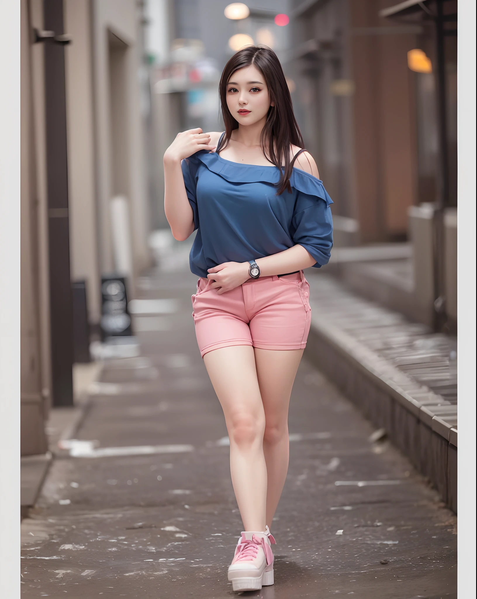 arafed woman in blue top and pink shorts posing for a picture, casual photography, with lovely look, beautiful model girl, beautiful girl model, handsome girl, attractive girl, dressed in a top and shorts, fashion model, dark blue and red, pretty girl, casual pose, attractive pose, cute beautiful, taken with canon eos 5 d mark iv, canon 135mm f2, open breast, naked open dress