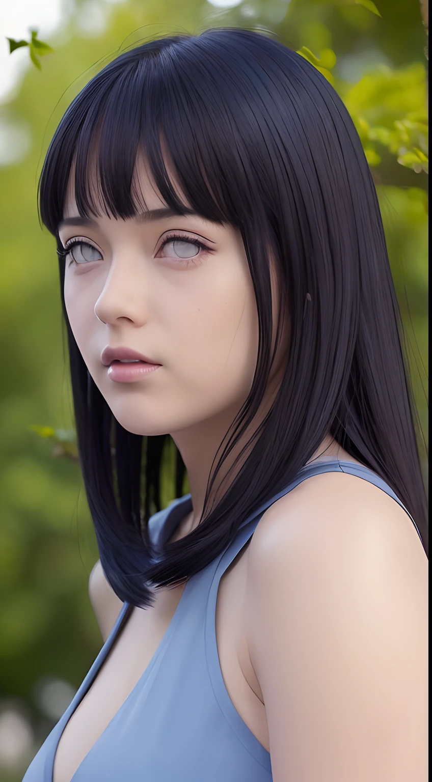 (RAW Photo:1,2), (masterpiece:1,3), hinata\(boruto), 1girl, solo, young female, (best quality:1,4), ultra high resolution, 8k, top quality, (realistic, photo-realistic:1.37), ultra-detailed, best quality, ultra-high resolution, professional lighting, physically-based rendering, sharp focus, good composition, (bokeh:1.2), (full body), outdoors, looking at viewer, perfect composition, detailed lips, big breast, beautiful face, body propotion, blush, (pink lips), ((long hair)), (purple eyes), soft gaze, sad smile, super realistic, detailed, photoshoot, realistic face and body, realistic hair, realistic eyes, realistic nose, realistic lips, (((dark blue hair))), 25 years old girl,