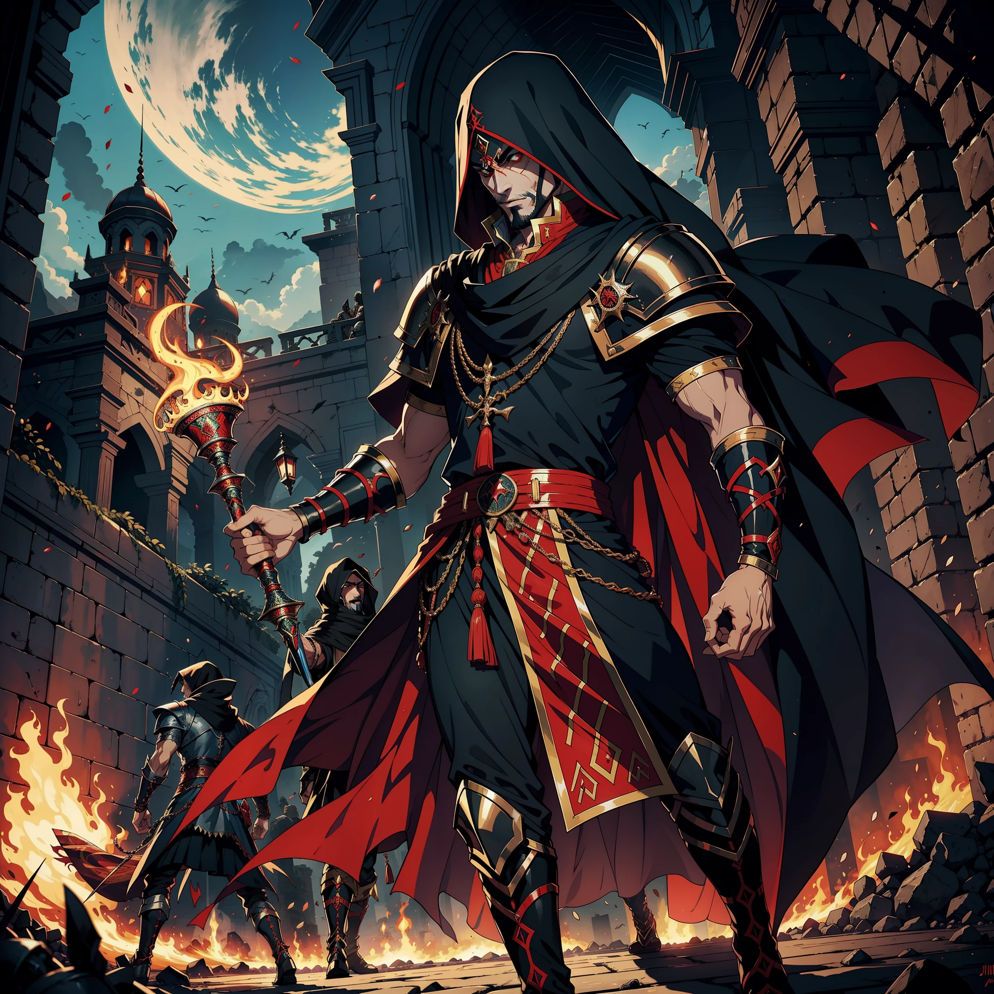 Seigneur arabe marocain Dracula moroccan warrior Armor Wear Muscle, fearless, Scary handsome man leading an army of jinns 10 demon jinns around him War Battle Atmosphere