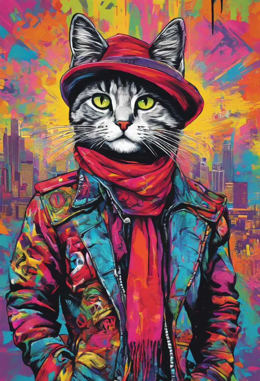 a painting of a cat wearing a hat and scarf, trending in the art station, dressed in punk clothes, detailed hyper realistic rendering, british gang member, street style, intimidating pose, planet of the cats, clothes with fashion, urban samurai, meow, west slavic features, 8 1 5, animations