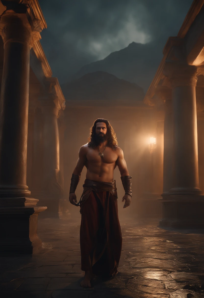(Professional 3D rendering:1.3) de (Realistic:1.3) Foto de arte mais bonita do mundo,Features soft, bright male heroes, ((Epic Fantasy Hero, Muscular Rough Man, Angry Wet Hero Screaming Long Hair, Short Beard And Fierce Expression Breaking Columns Of A Temple, fantastic location, majestoso ambiente desordenado)), Full-body 8k unified rendering, action shot, poros da pele, very dark lighting, sombreamento pesado, circunstanciado, Rosto detalhado, (vibrante, fotogrdeia realista, Realistic, Dramatic, Escuro, foco nítido, 8k), (Old leather clothes damaged by bad weather:1.4), ((((Use peles)))), (intrincado:1.4), decadente, (altamente detalhado:1.4), pintura digital, rendering by octane, art stations, Conceito-Arte, liso, foco nítido, illustration, germe da arte, (Loish:0.23), Wlop Ilya Kuvshinov, e Greg Rutkowski e Alphonse Mucha Gracias, (global ilumination, studiolight, Light Volumetric), chuva forte, floating particles, patife, fantasia, Onze, corpo inteiroesbian, ((Fundo escuro e antigo da cidade:1.3)),CGSesociedade,art stations
