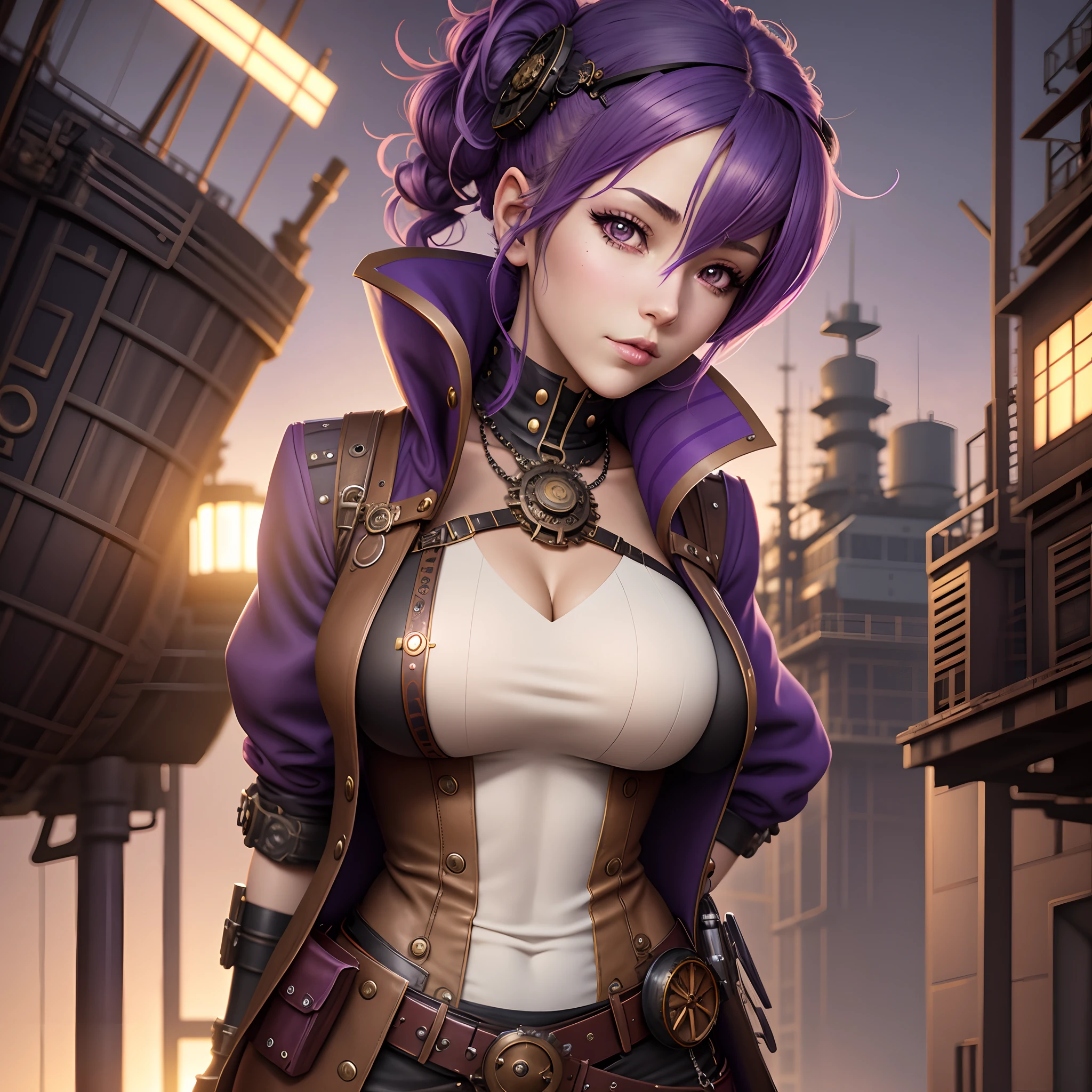 anime girl with purple hair and steampunky outfit standing in front of a ship, steampunk beautiful anime woman, 2. 5 d cgi anime fantasy artwork, anime fantasy artwork, beautiful alluring anime woman, seductive anime girl, high quality steampunk art, girl with warship parts, steampunk fantasy style, a steampunk beautiful goddess, steampunk girl, digital steampunk art, detailed digital anime art