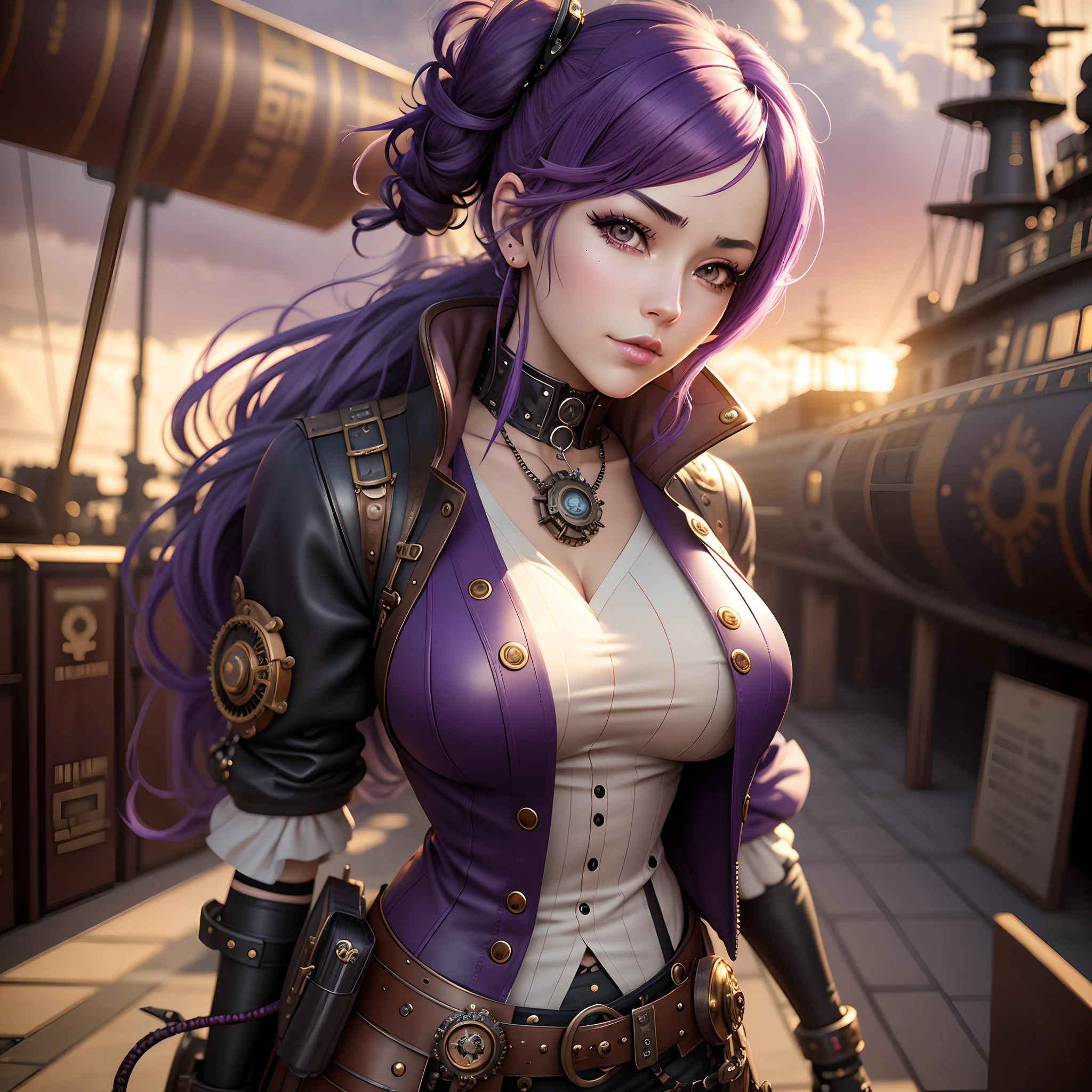 anime girl with purple hair and steampunky outfit standing in front of a ship, steampunk beautiful anime woman, 2. 5 d cgi anime fantasy artwork, anime fantasy artwork, beautiful alluring anime woman, seductive anime girl, high quality steampunk art, girl with warship parts, steampunk fantasy style, a steampunk beautiful goddess, steampunk girl, digital steampunk art, detailed digital anime art