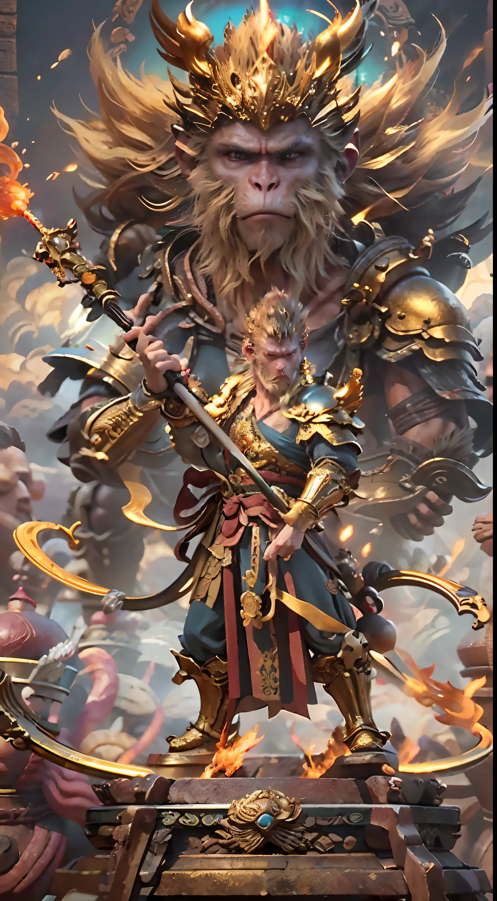 (Black Myth Wukong), (Black Myth Wukong) in ornate armor strikes a funny pose while leaning on his ornate mystical staff, enemy dragon army camp (bandits in dragon armor)