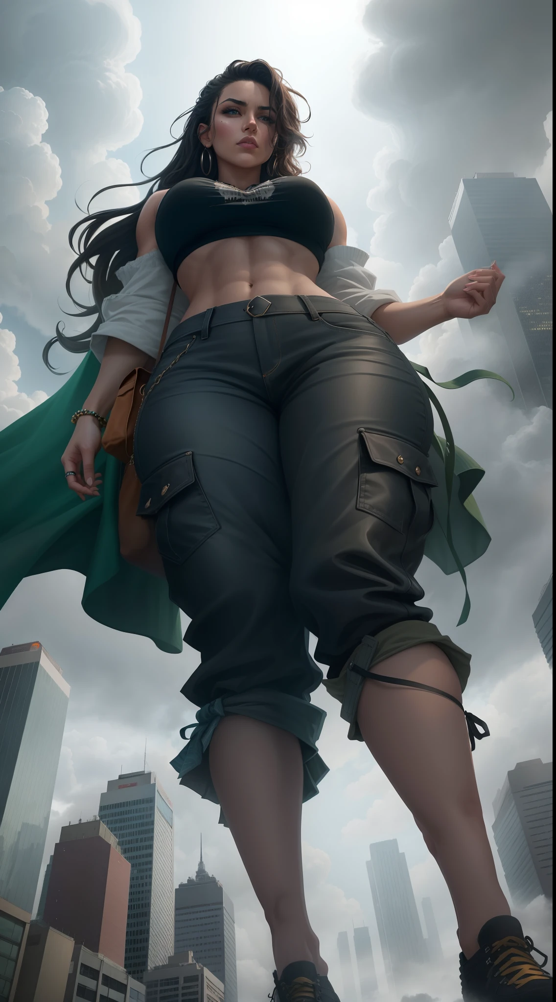 "A towering Giantess in a cool and laid-back hippie style is rocking a crop top and baggy pants. Her toned and athletic build hints at her massive strength. She seems to be casually strolling through the bustling cityscape of GTS City, as towering buildings loom overhead. Smoke and clouds roil around her, adding to the sense of epic scale and drama. The lighting is dark, gloomy, and realistic, creating a tense and ominous atmosphere. The perspective is from below, emphasizing the sheer majesty and power of the Giantess."