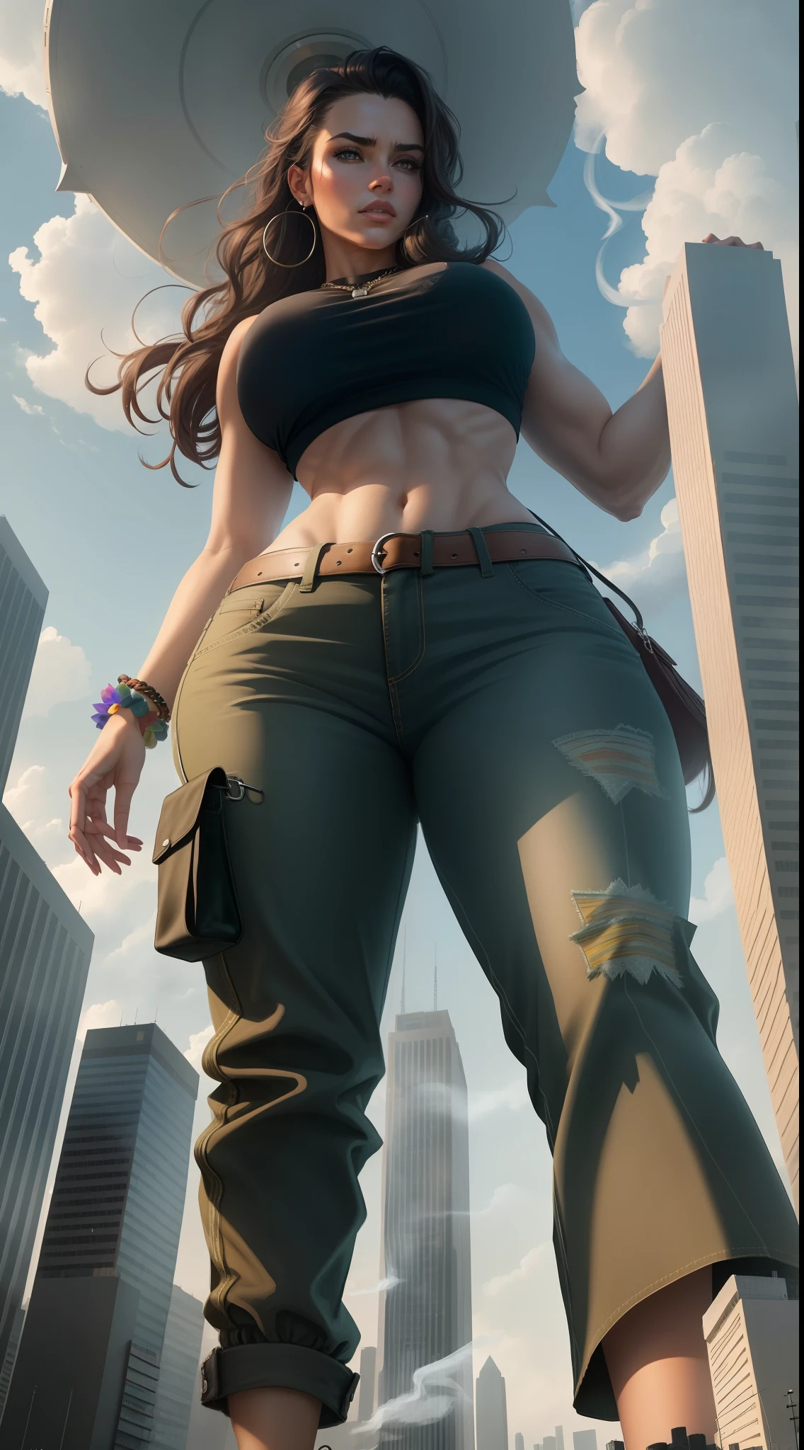"A towering Giantess in a cool and laid-back hippie style is rocking a crop top and baggy pants. Her toned and athletic build hints at her massive strength. She seems to be casually strolling through the bustling cityscape of GTS City, as towering buildings loom overhead. Smoke and clouds roil around her, adding to the sense of epic scale and drama. The lighting is dark, gloomy, and realistic, creating a tense and ominous atmosphere. The perspective is from below, emphasizing the sheer majesty and power of the Giantess."