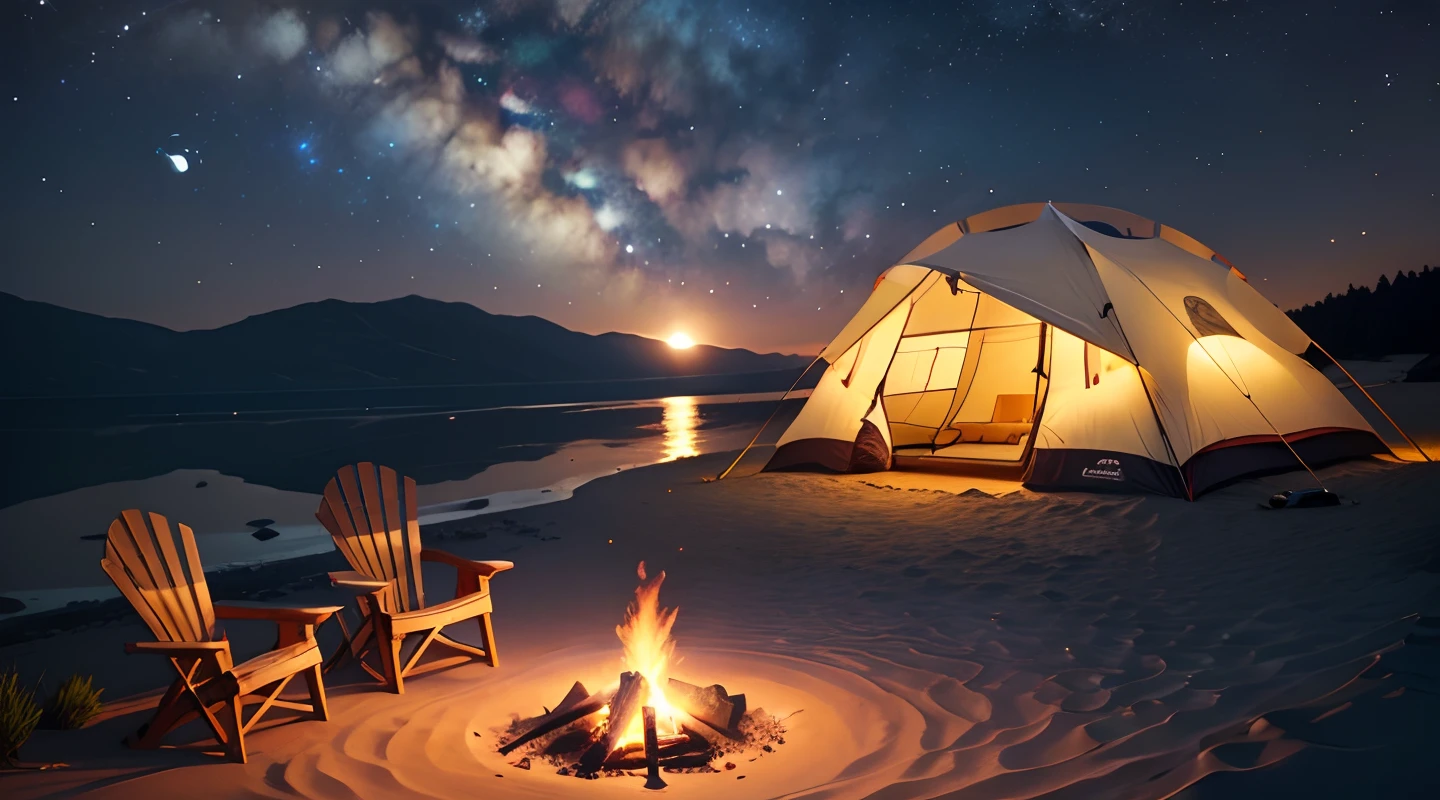 High-definition photos、Seaside campsites、The crescent moon is beautiful、One tent、Burning fire、Barbecue stove、Camping Chair、starrysky、Quiet place、beautful view、Lantern light、Nobody is there。