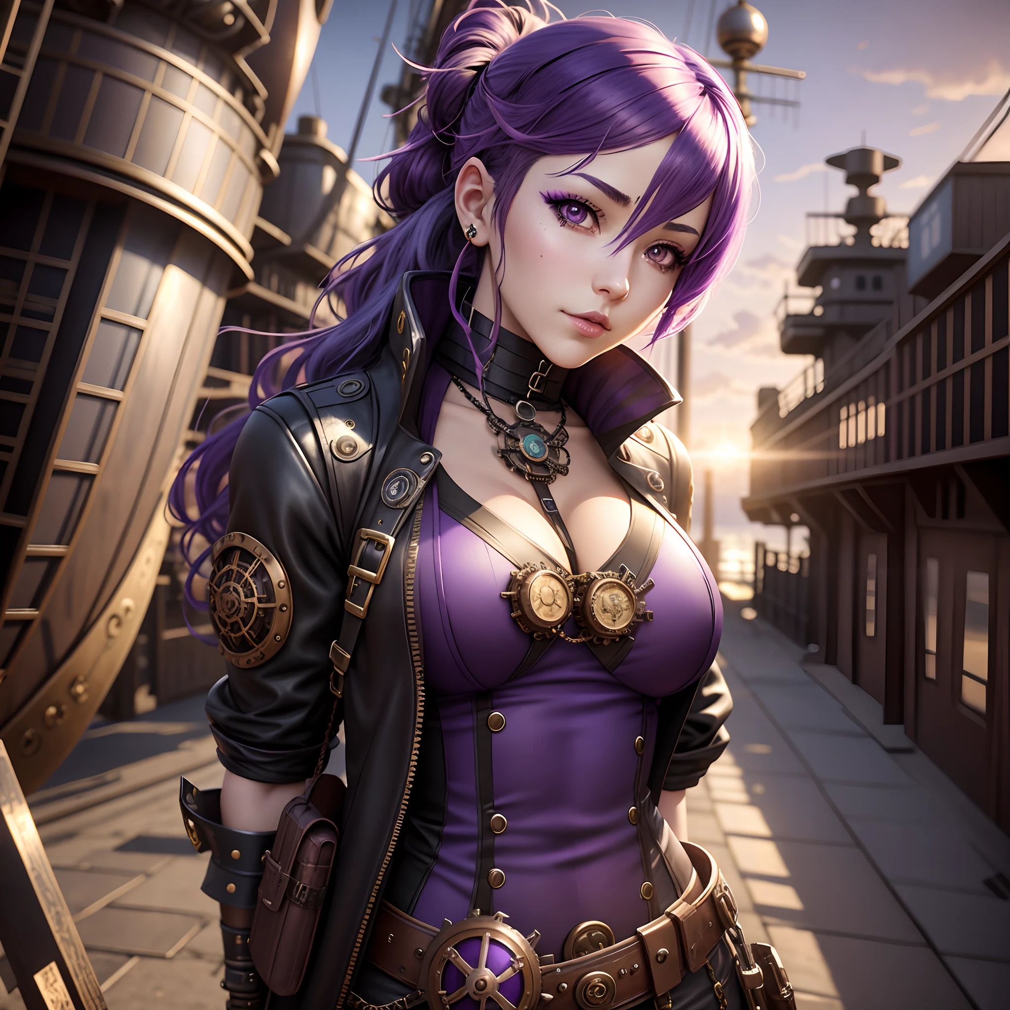 anime girl with purple hair and steampunky outfit standing in front of a ship, steampunk beautiful anime woman, 2. 5 d cgi anime fantasy artwork, anime fantasy artwork, beautiful alluring anime woman, seductive anime girl, high quality steampunk art, girl with warship parts, steampunk fantasy style, a steampunk beautiful goddess, steampunk girl, digital steampunk art, detailed digital anime art
