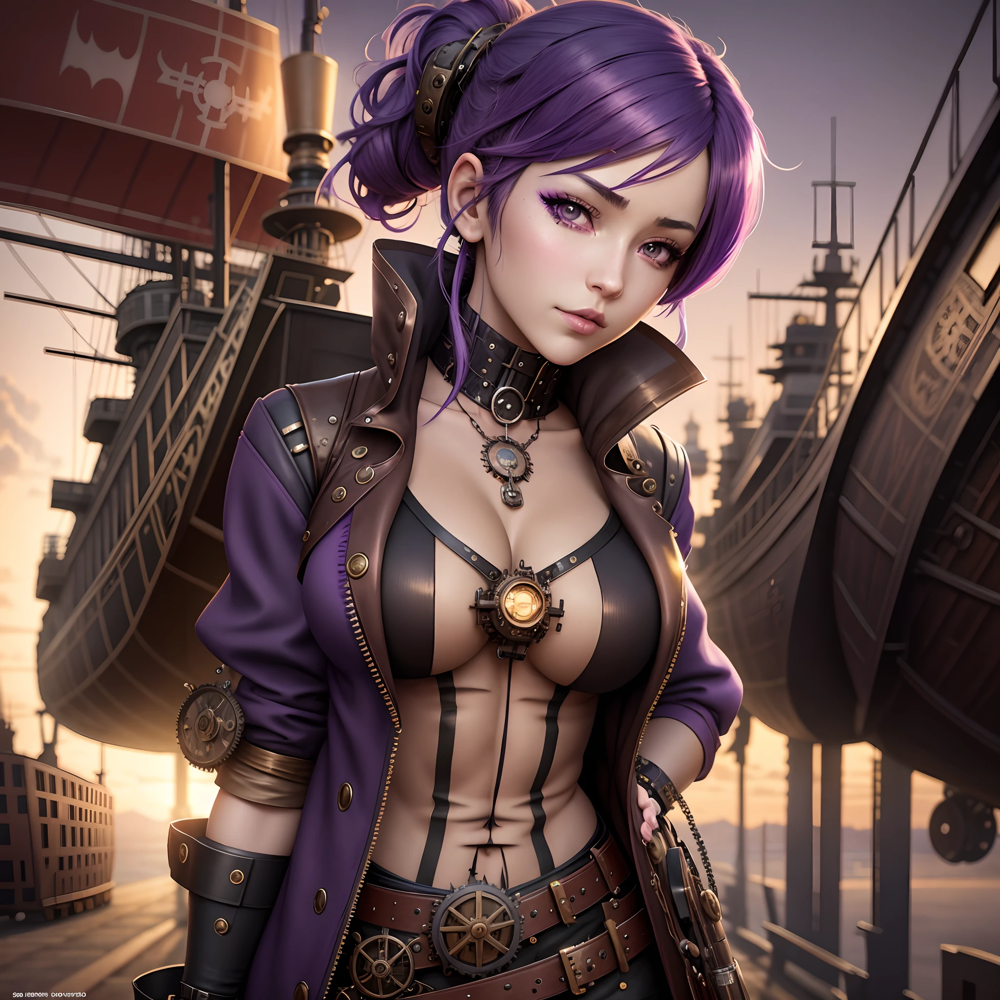 anime girl with purple hair and steampunky outfit standing in front of a ship, steampunk beautiful anime woman, 2. 5 d cgi anime fantasy artwork, anime fantasy artwork, beautiful alluring anime woman, seductive anime girl, high quality steampunk art, girl with warship parts, steampunk fantasy style, a steampunk beautiful goddess, steampunk girl, digital steampunk art, detailed digital anime art