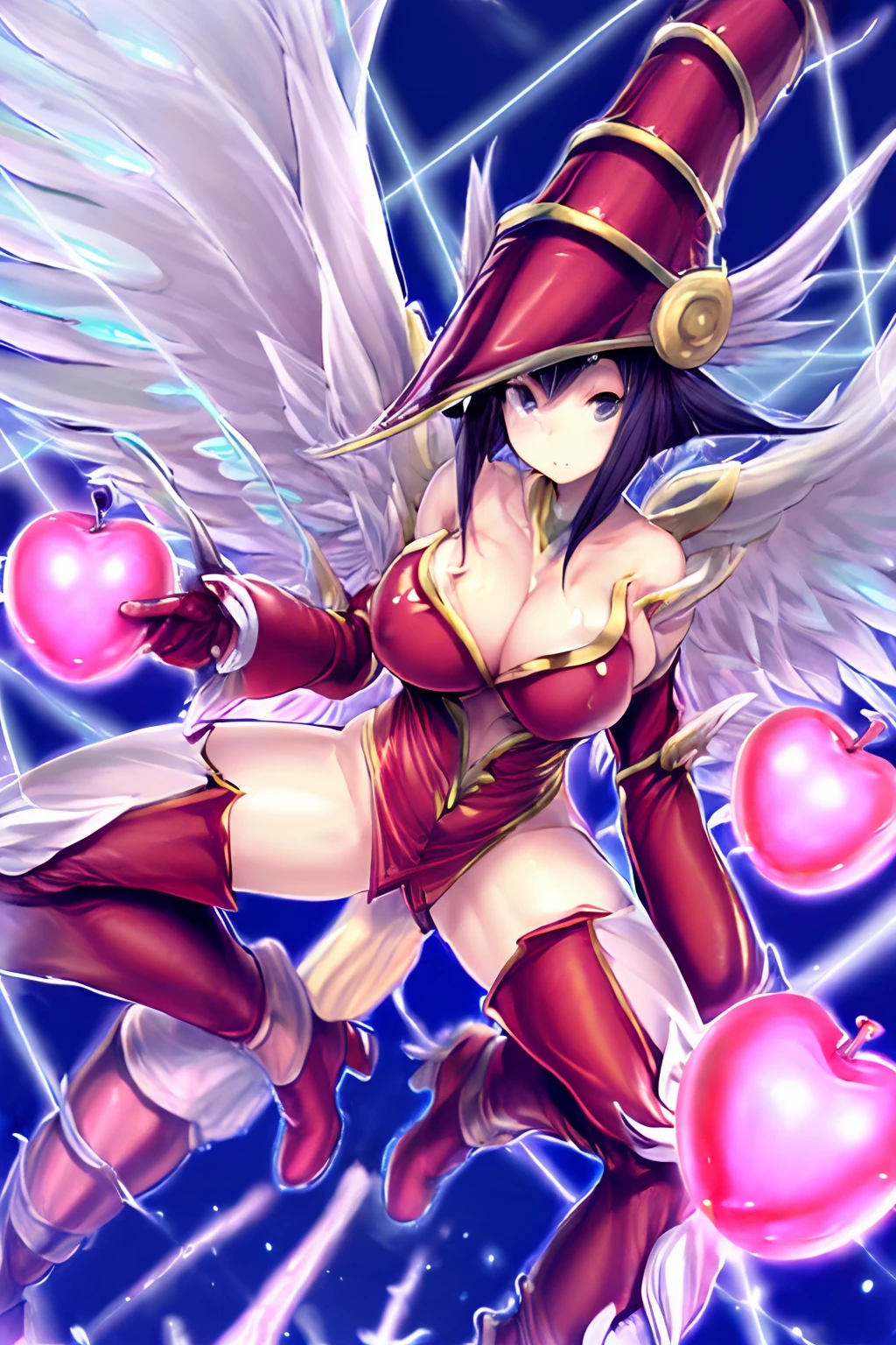 (Obra maestra:1.2), (La mejor calidad:1.2), Perfect lighting, Apple magician girl lanzando un hechizo, flotando en el aire, tetas grandes, escote, red robe, sombrero grande, desde arriba, Destellos, Yugioh Card en el fondo. Apple magician girl pose dinámica