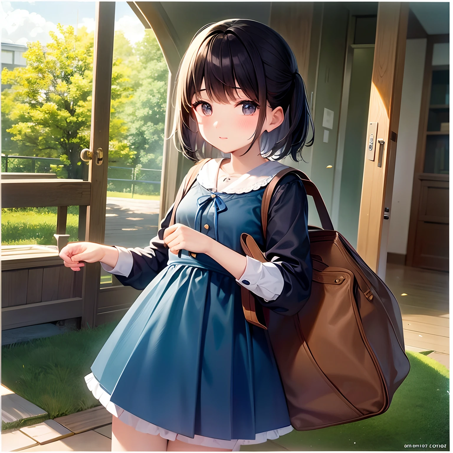 Masterpiece, hd, 1girl, best quality, brown hair, medium hair, smile, wearing strapless dress, wearing randoseru backpack, (backpack:1.2), outdoor, park