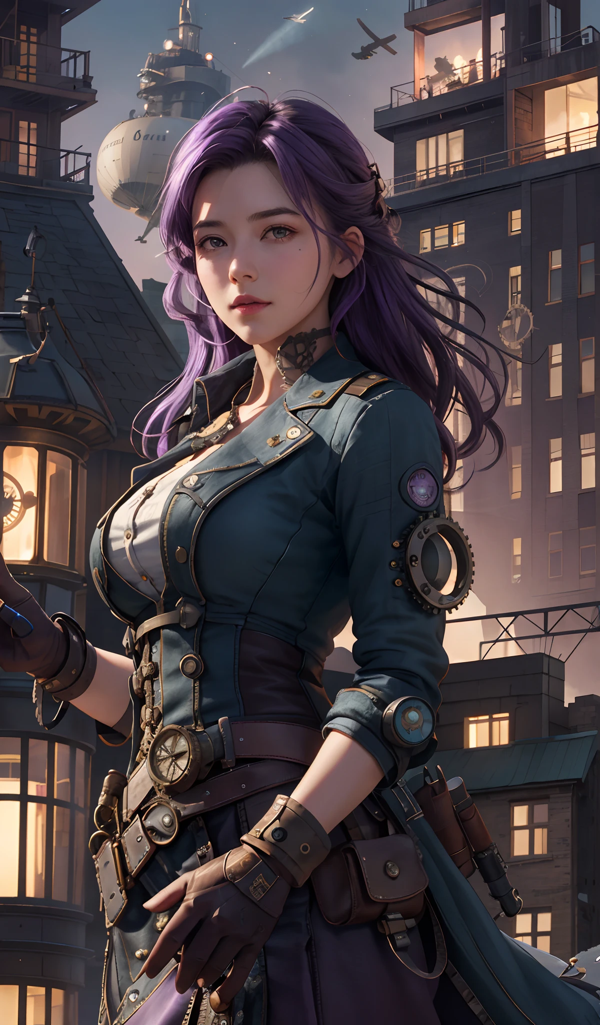 girl srading on top of a building, airships in the sky, airplanes, very detailed, realistic, traced lights, 4k, gourgeos, gears, steampunk style, magical, cap, purple hair, bracelets, intricate details, gourgeos landscape, digital art, realistic, misteryous, gloves, inspiring, defined curves, sensual
