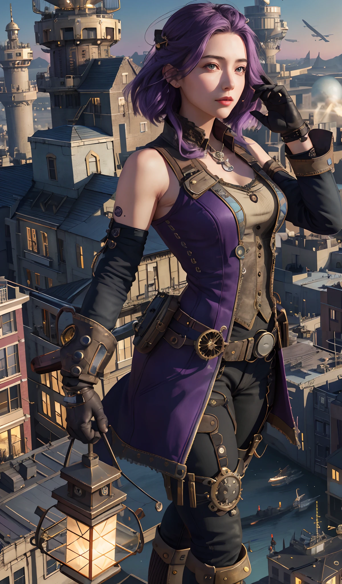 girl srading on top of a building, airships in the sky, airplanes, very detailed, realistic, traced lights, 4k, gourgeos, gears, steampunk style, magical, cap, purple hair, bracelets, intricate details, gourgeos landscape, digital art, realistic, misteryous, gloves, inspiring, defined curves, sensual