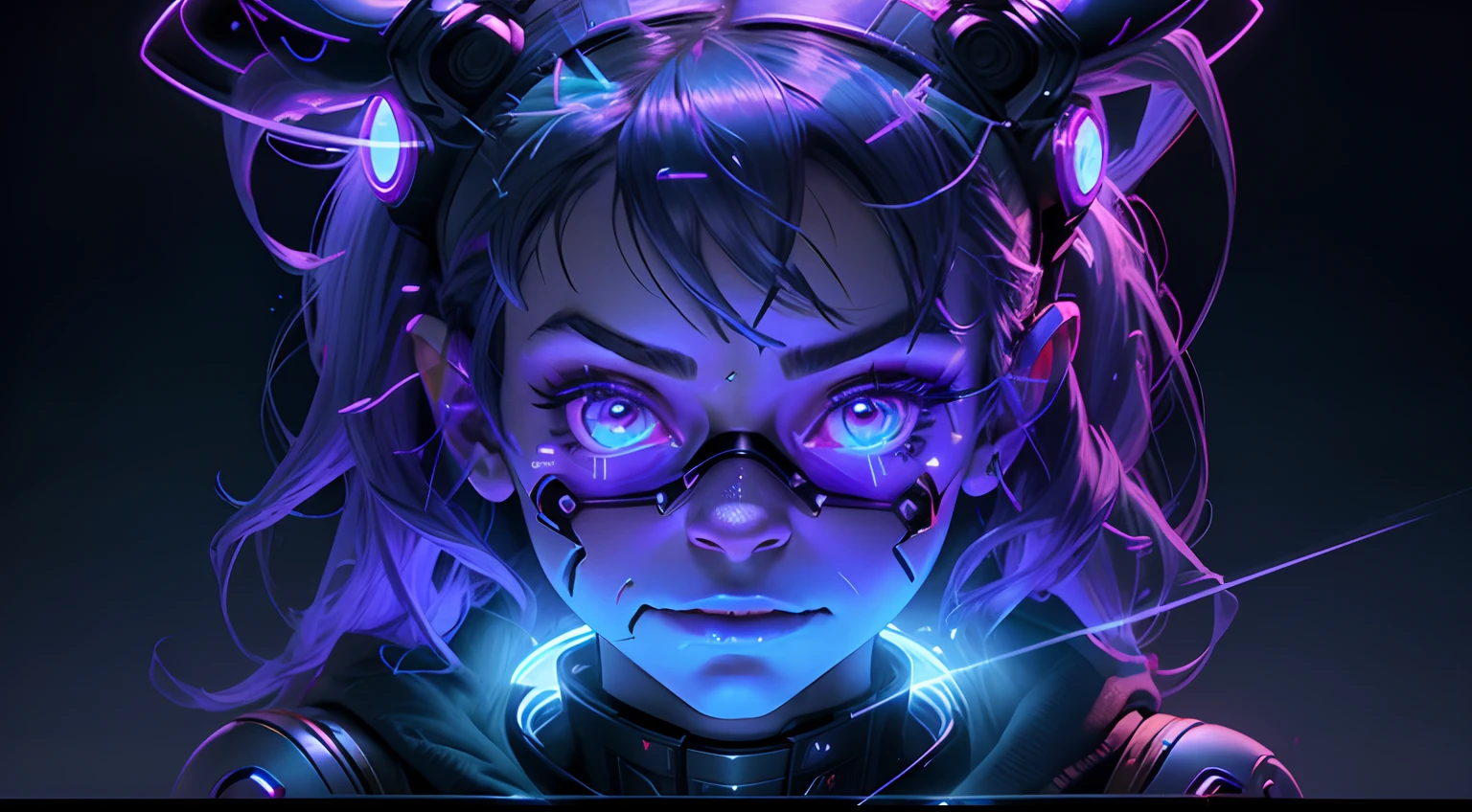 FNAF, Cinco noites no Freddy's, Freddy Fazbear with a cybernetic armor that glows in shades of blue and red. Her face has augmented reality mask features with luminous lines and a holographic lens that shines in her eyes! She's floating and releasing auras from her hand. Estilo cyberpunk