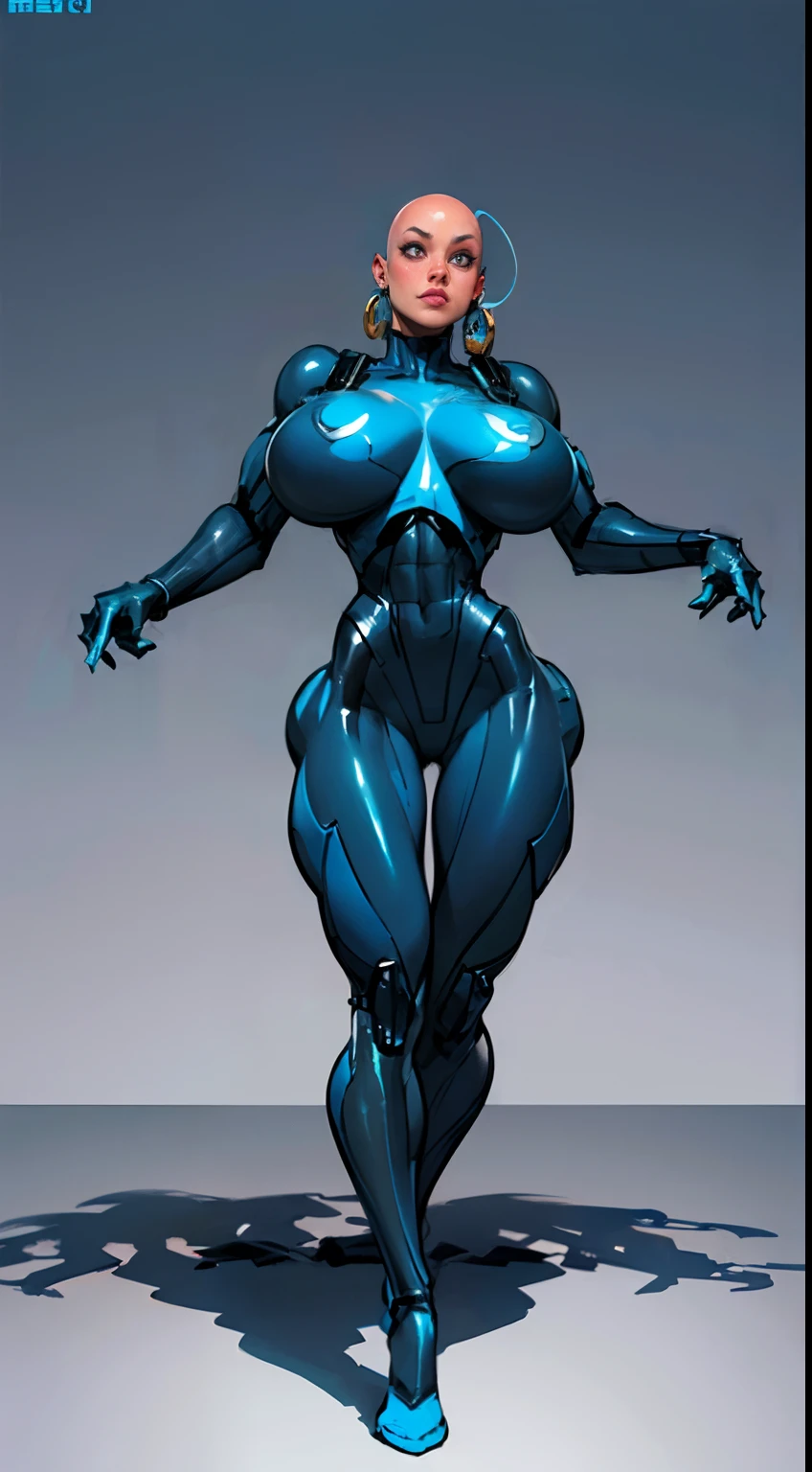 8k ((full body view))((view from below:1.5)),(large eyes:1.3), defined cheekbones, looking back, ((the pit style:1.4))((sleek dark blue bodysuit:1.6)) ((intricate metal details:1.4))detailed face:1.5), lightblue skin,(puffy lips:1.5) (lightblue skin:1.6), (bald woman:1.7), (skinhead) ((sexy pose)),(Muscular:1.3), ((gigantic breasts:1.5)), )highly detailed, majestic, digital photography, art by artgerm and ruan jia and greg rutkowski, ((metal shoulder pads:1.2)), (masterpiece), sidelighting, intricate details, (((white color palette))) thick thighs