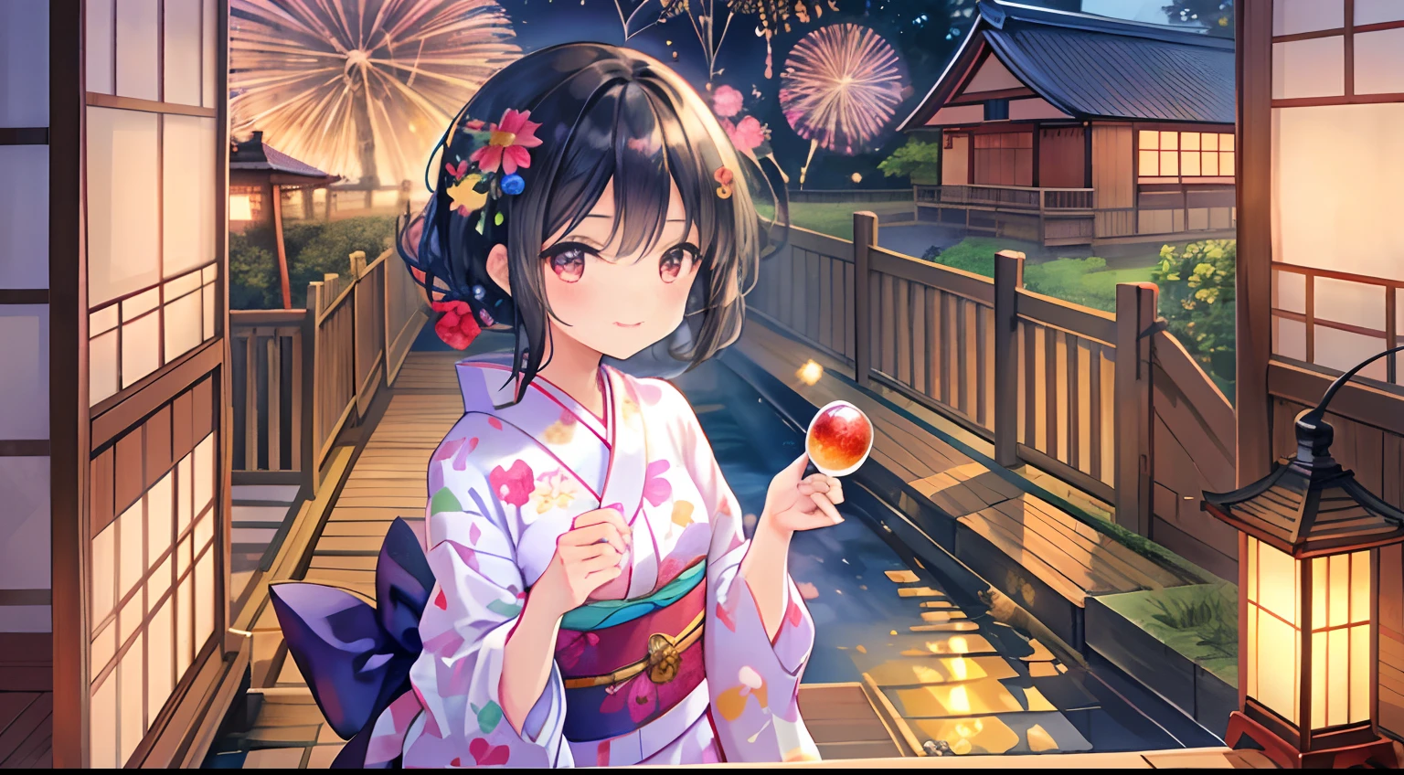 Beautiful illustrations, top quality, vivid colors, cute girls, yukata pattern is morning glory, black hair, sunset, fireworks, goldfish, bubbles, outdoors, fan, sun flame, traditional Japan Japanese atmosphere.