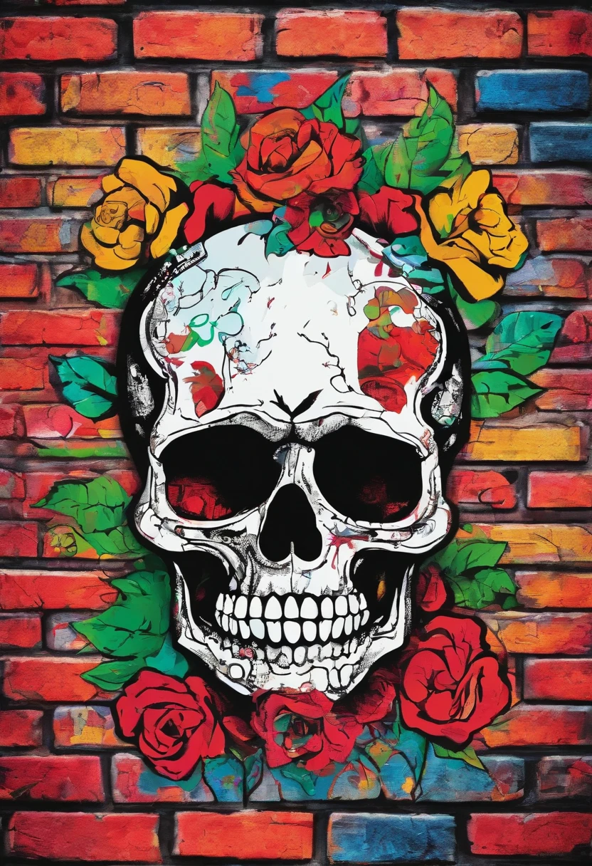 painting of skull, bones dekoratice roses, on old brick wall background