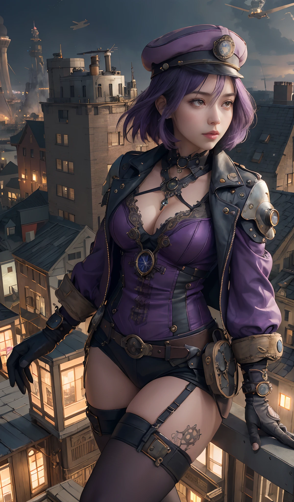 girl srading on top of a building, airships in the sky, airplanes, very detailed, realistic, traced lights, 4k, gourgeos, gears, steampunk style, magical, cap, purple hair, bracelets, intricate details, gourgeos landscape, digital art, realistic, misteryous, gloves, inspiring, defined curves, sensual