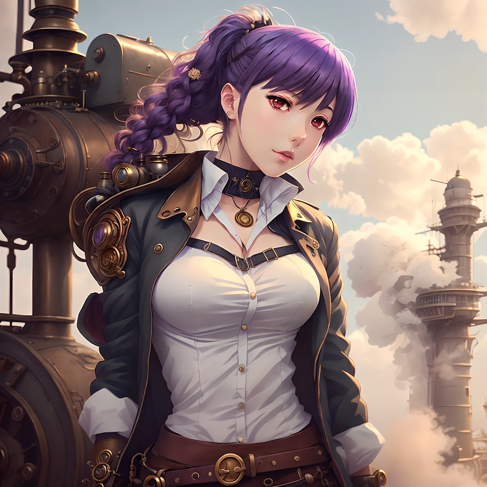 arafed woman with purple hair and steam - punk gear standing on a ship, 2. 5 d cgi anime fantasy artwork, beautiful alluring anime woman, detailed digital anime art, anime fantasy artwork, seductive anime girl, artwork in the style of guweiz, girl with warship parts, steampunk beautiful anime woman, artgerm. anime illustration