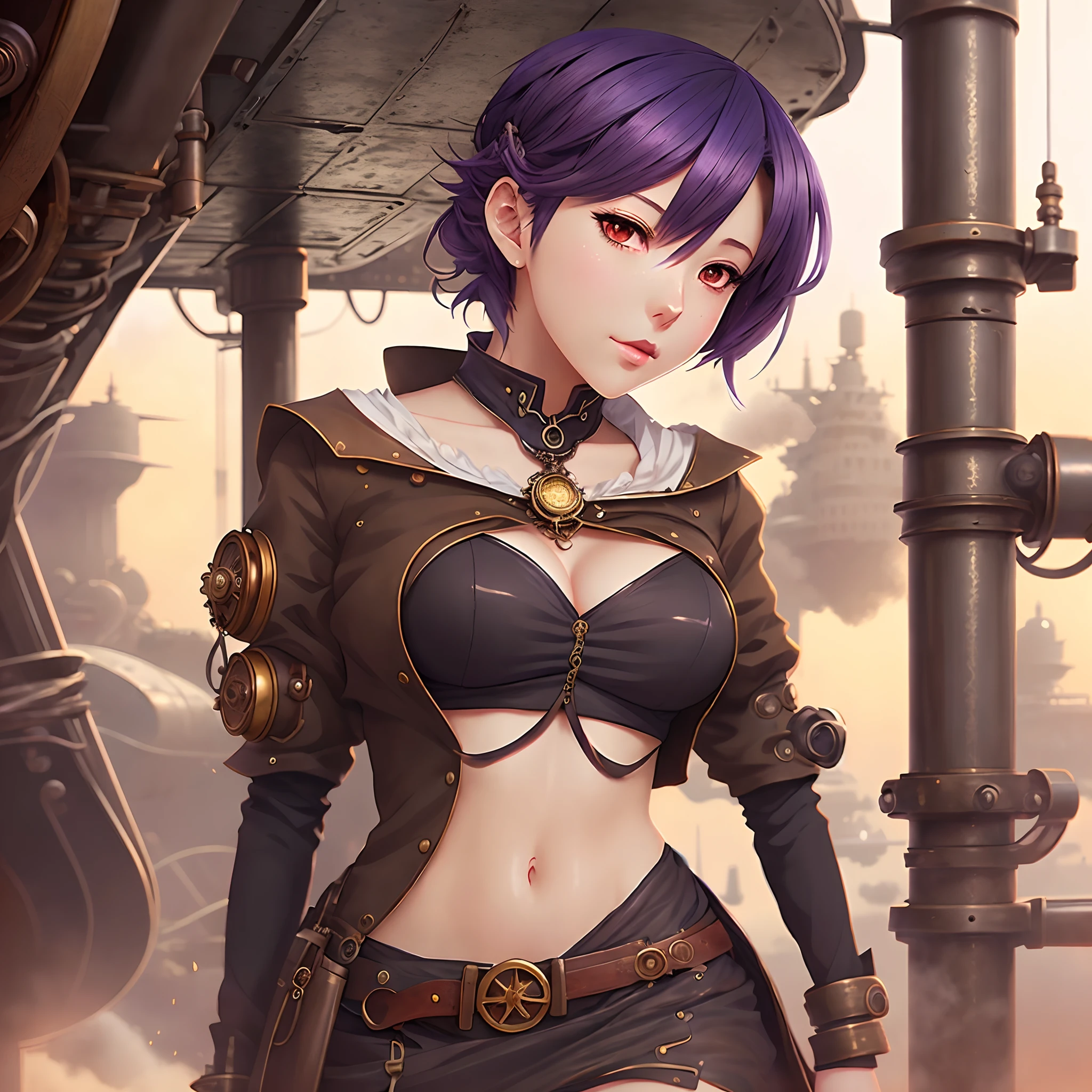 arafed woman with purple hair and steam - punk gear standing on a ship, 2. 5 d cgi anime fantasy artwork, beautiful alluring anime woman, detailed digital anime art, anime fantasy artwork, seductive anime girl, artwork in the style of guweiz, girl with warship parts, steampunk beautiful anime woman, artgerm. anime illustration