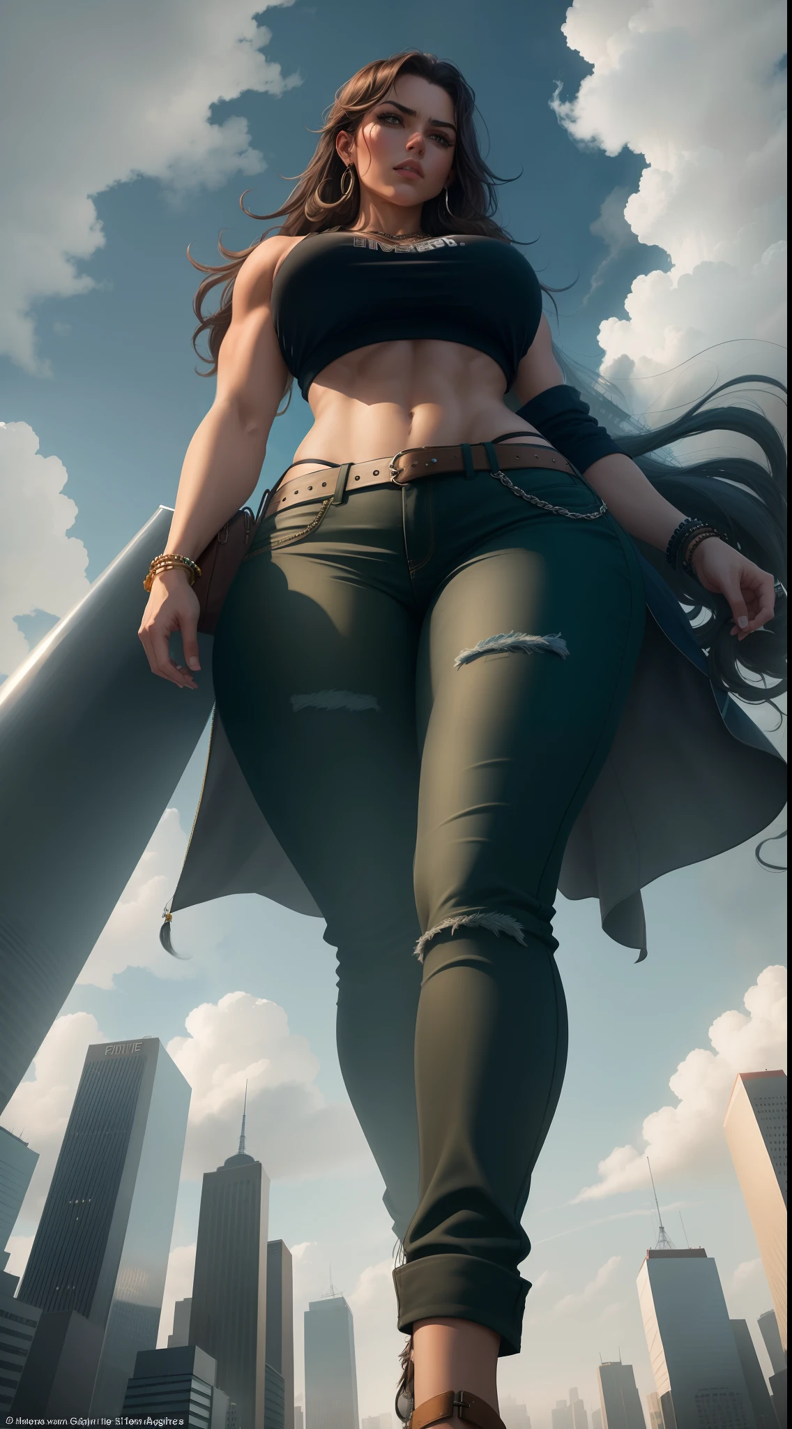 "A towering Giantess in a cool and laid-back hippie style is rocking a crop top and baggy pants. Her toned and athletic build hints at her massive strength. She seems to be casually strolling through the bustling cityscape of GTS City, as towering buildings loom overhead. Smoke and clouds roil around her, adding to the sense of epic scale and drama. The lighting is dark, gloomy, and realistic, creating a tense and ominous atmosphere. The perspective is from below, emphasizing the sheer majesty and power of the Giantess."