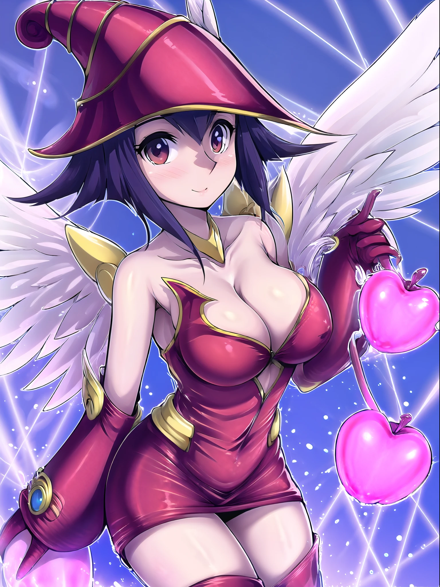 Apple magician girl:1 (La mejor calidad, Obra maestra:1.2), (best  illustration), (extremely detailed illustration), (Mirando al espectador:1.4), (lleno_cuerpo), (1niña Apple magician girl:1.2), (ojos azules), Cejas en forma de V, cejas arqueadas, lashes, Cabello corto (cabello negro), nariz, labios, jaw, mejillas demacradas, delineador negro, sonrisa afectada, (pechos enormes:1.2), (rojo_ropa_tema:1.3), LED_incrustado_holographic_bodysuit_vestido, futuristic_moda, liquid_Metal_aesthetic, Fascinante_luz_reflecion, (cinta_muslo_correa), Geometrical_statement_Pendientes, (cruz_accesorios:0.8), oculto_angelical_encaje_cinta_Casco, alas,