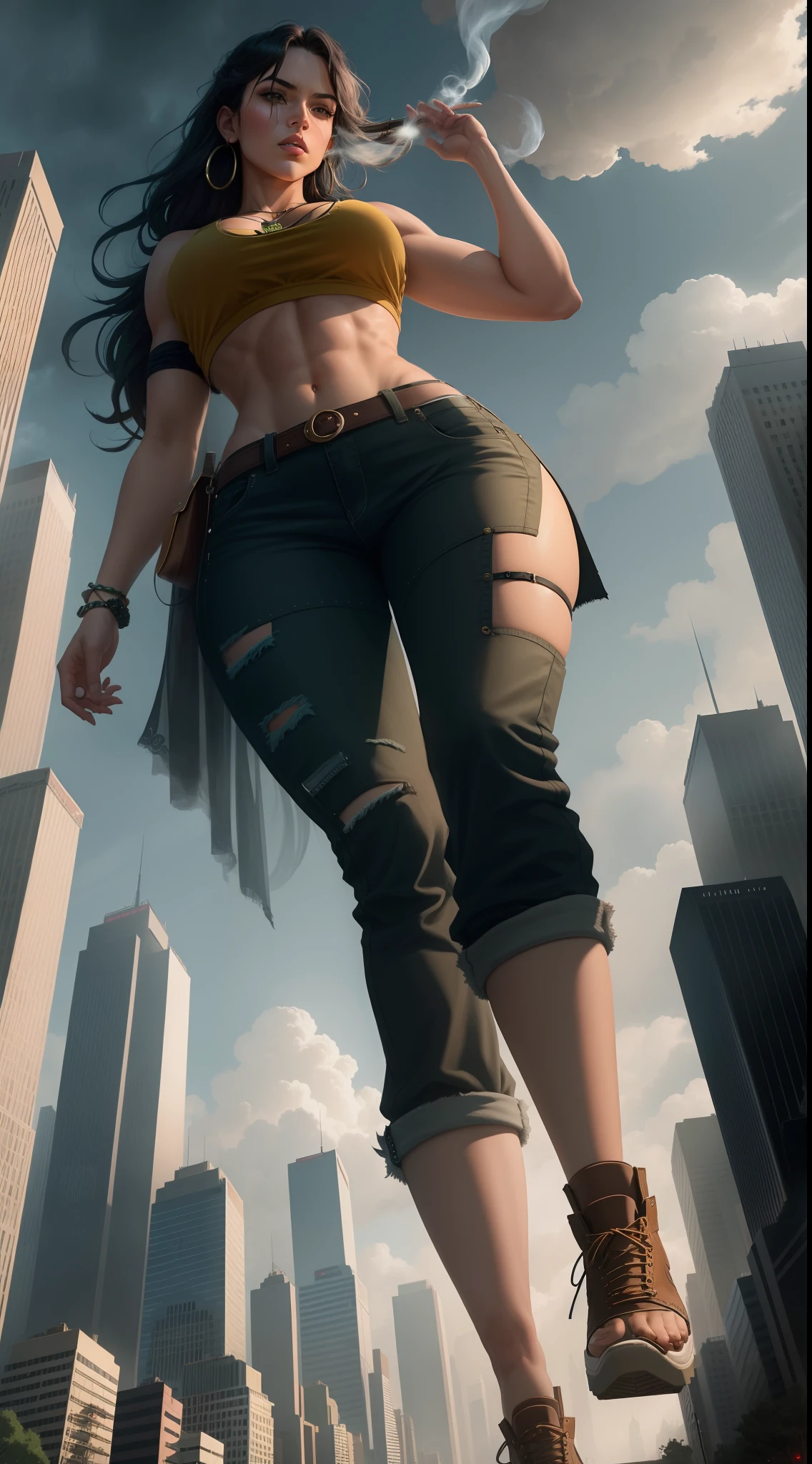 giantess art, giantess, crop top, jeans, hands raised, frowned eyebrows, runied, middle eastern city, mosque, blue colored short hair, smoke, sandstorm, (((towering over you))), (full body), feminist, lgbt, colorful tattoos, heavy makeup, piercing