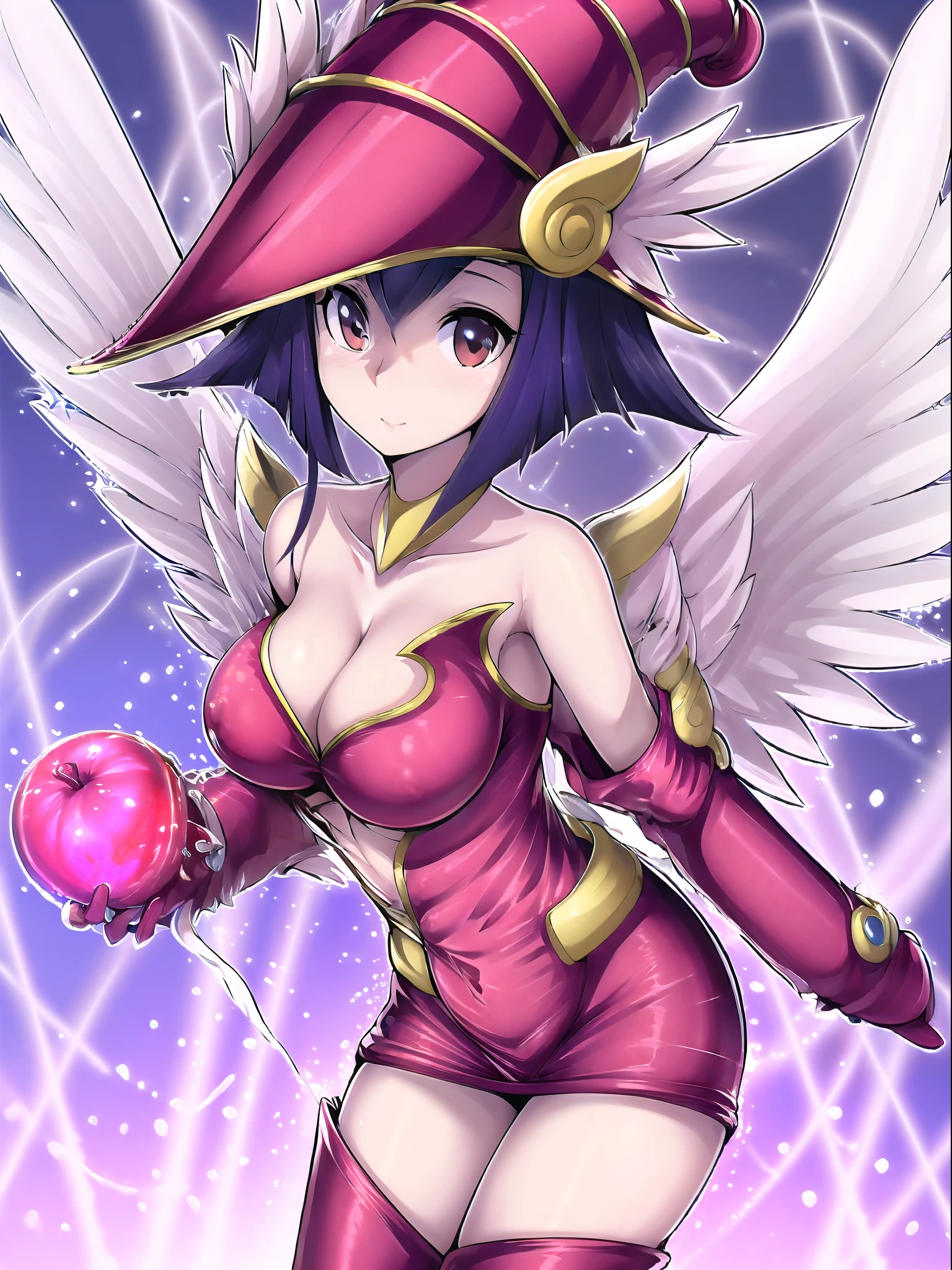 Apple magician girl:1 (La mejor calidad, Obra maestra:1.2), (best illustration), (extremely detailed illustration), (Mirando al espectador:1.4), (lleno_cuerpo), (1niña Apple magician girl:1.2), (ojos azules), Cejas en forma de V, cejas arqueadas, lashes, Cabello corto (cabello negro), nariz, labios, jaw, mejillas demacradas, delineador negro, sonrisa afectada, (pechos enormes:1.2), (rojo_ropa_tema:1.3), LED_incrustado_holographic_bodysuit_vestido, futuristic_moda, liquid_Metal_aesthetic, Fascinante_luz_reflecion, (cinta_muslo_correa), Geometrical_statement_Pendientes, (cruz_accesorios:0.8), oculto_angelical_encaje_cinta_Casco, alas,
