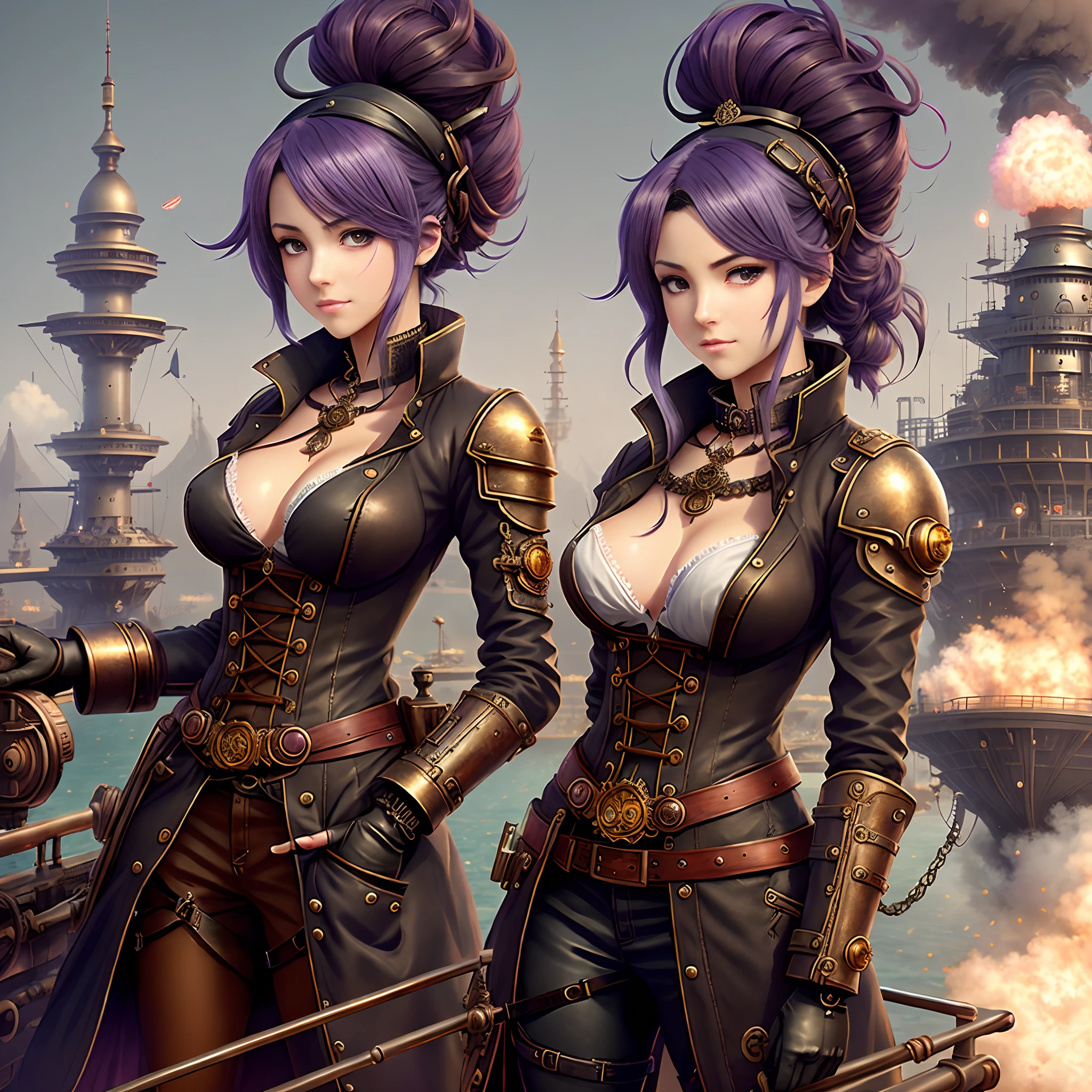 arafed woman with purple hair and steam - punk gear standing on a ship, 2. 5 d cgi anime fantasy artwork, beautiful alluring anime woman, detailed digital anime art, anime fantasy artwork, seductive anime girl, artwork in the style of guweiz, girl with warship parts, steampunk beautiful anime woman, artgerm. anime illustration
