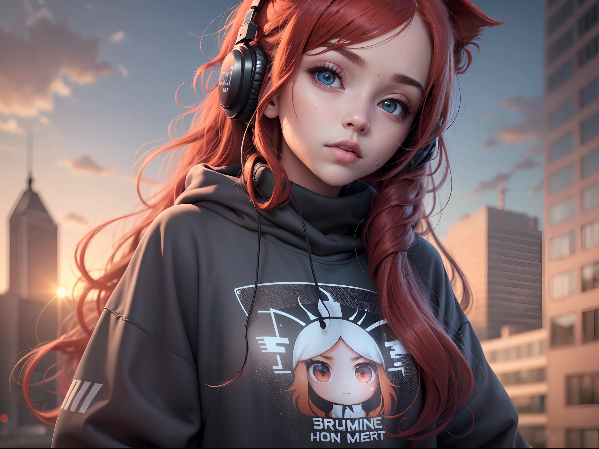 1 girl, light skin, long red hair, blue eyes, wears a black sweatshirt, black sweatpants, with black headphones, Sunset, Absurd, very high resolution, ultra-clear, 8k, master piece, Looking at the Viewer