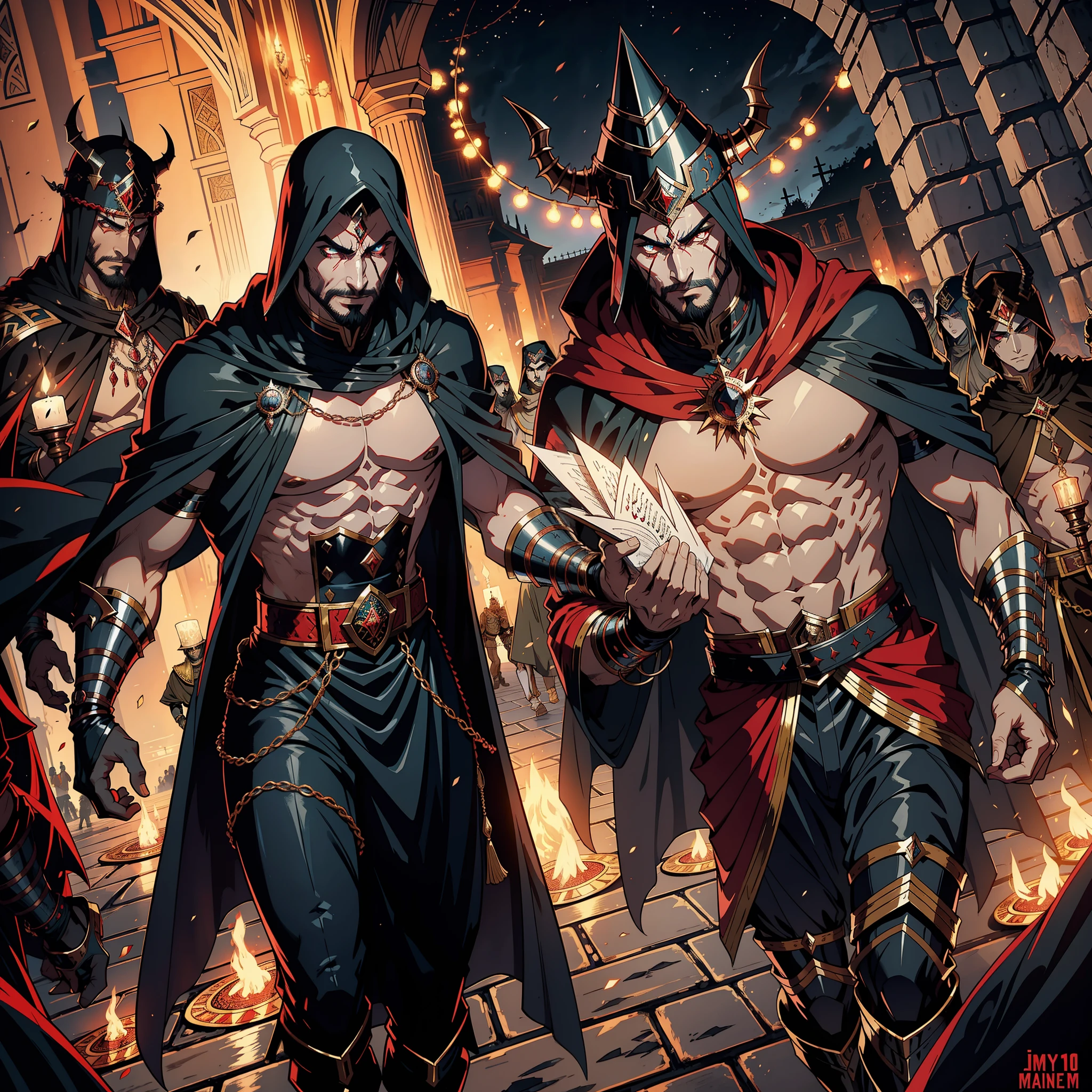 Moroccan Lord Islamic Armor Wear muscular clothes Dracula leads troops armed with jinn troops to fight sharp details cinematic scenes movie Epic Legendary perspective correct shooting correct proportions correct poses Photorealistic super detailed anatomy many jinn many djins around him style hokuto no ken style