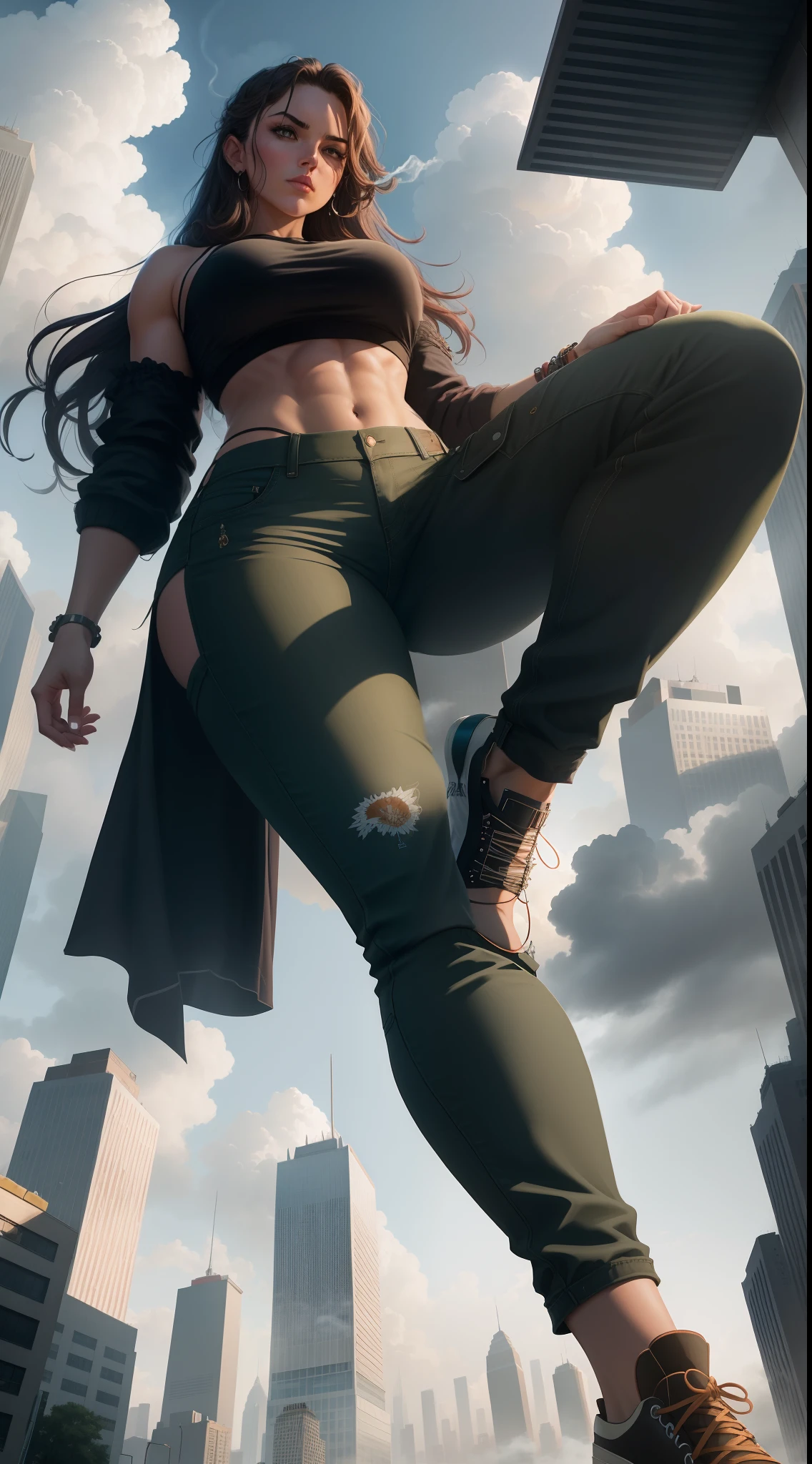 "A towering Giantess in a cool and laid-back hippie style is rocking a crop top and baggy pants. Her toned and athletic build hints at her massive strength. She seems to be casually strolling through the bustling cityscape of GTS City, as towering buildings loom overhead. Smoke and clouds roil around her, adding to the sense of epic scale and drama. The lighting is dark, gloomy, and realistic, creating a tense and ominous atmosphere. The perspective is from below, emphasizing the sheer majesty and power of the Giantess."