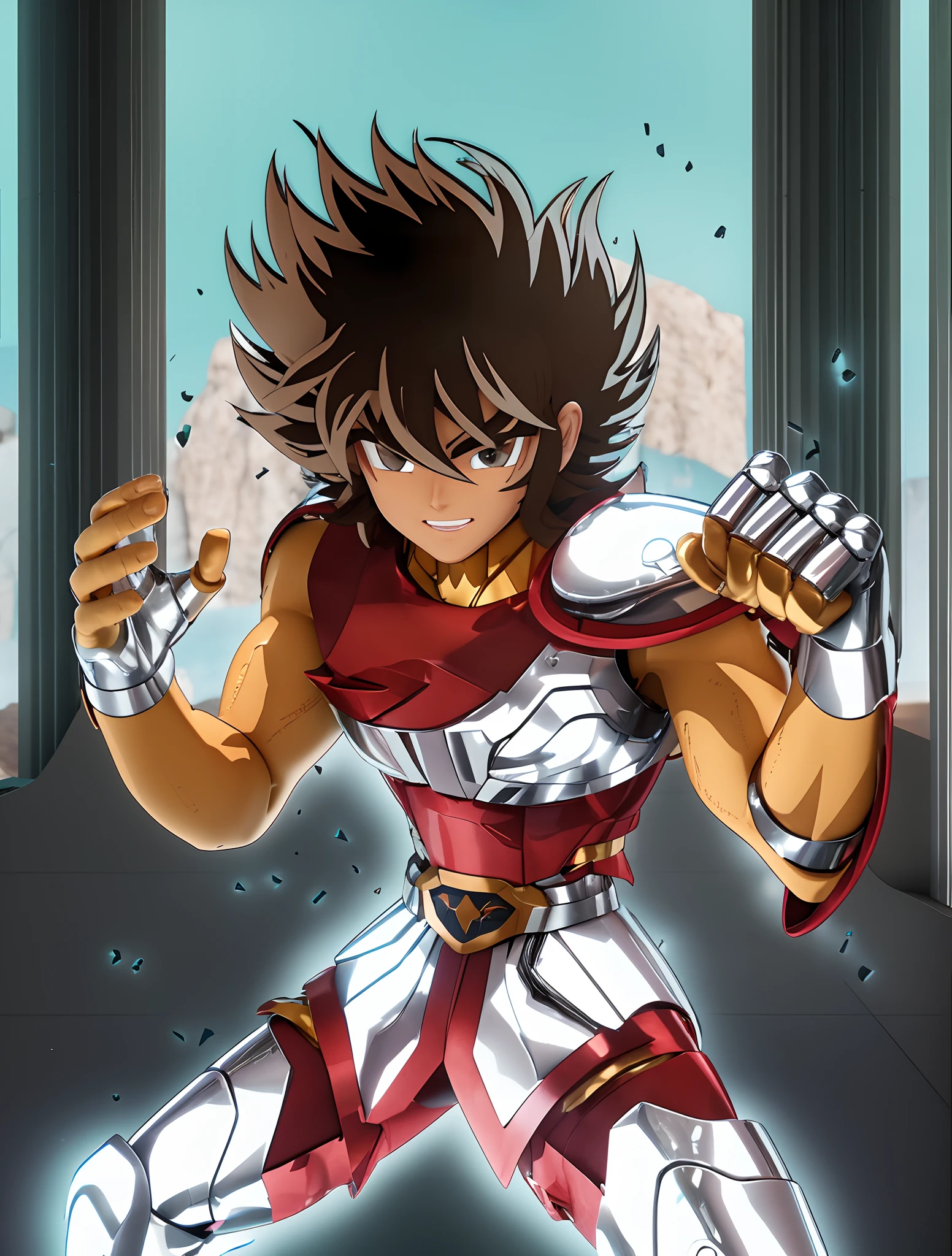 uma imagem real de um jovem adolescente com uma roupa vermelha e branca, Saint Seiya, unreal motor render Sao Seiya, Arte Oficial, joseph joestar, Arte da sede, Deu, arte chave do anime, arte oficial do anime, An epic film by a man of energy, Akira Toriyama, Obra-prima do anime, Deus grego no estilo mecha, Parte Brando, capa de filme, efeitos visuais de tirar o folego, aura azul, extremamente detalhado, 8k. Unreal engine 5