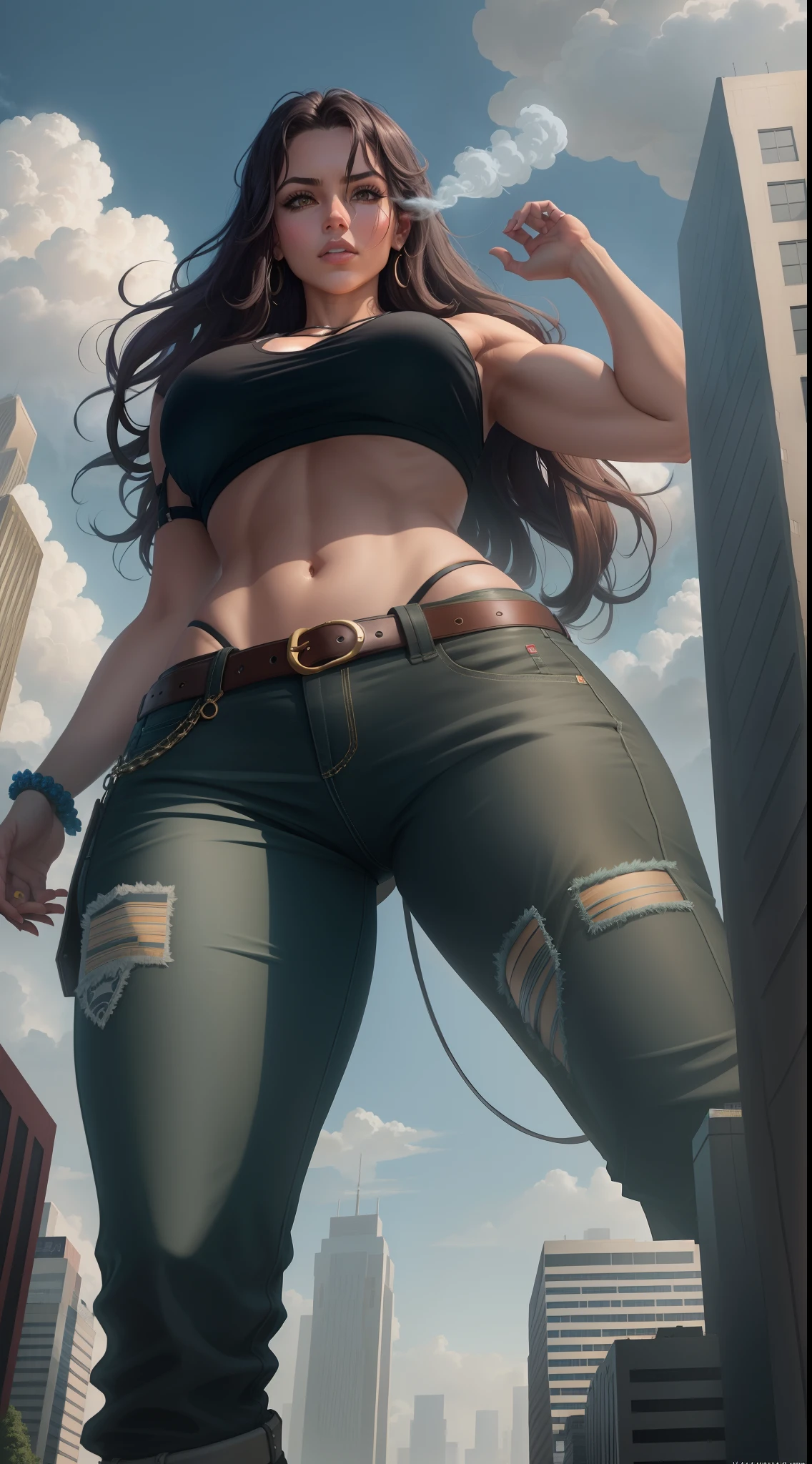 "A towering Giantess in a cool and laid-back hippie style is rocking a crop top and baggy pants. Her toned and athletic build hints at her massive strength. She seems to be casually strolling through the bustling cityscape of GTS City, as towering buildings loom overhead. Smoke and clouds roil around her, adding to the sense of epic scale and drama. The lighting is dark, gloomy, and realistic, creating a tense and ominous atmosphere. The perspective is from below, emphasizing the sheer majesty and power of the Giantess."