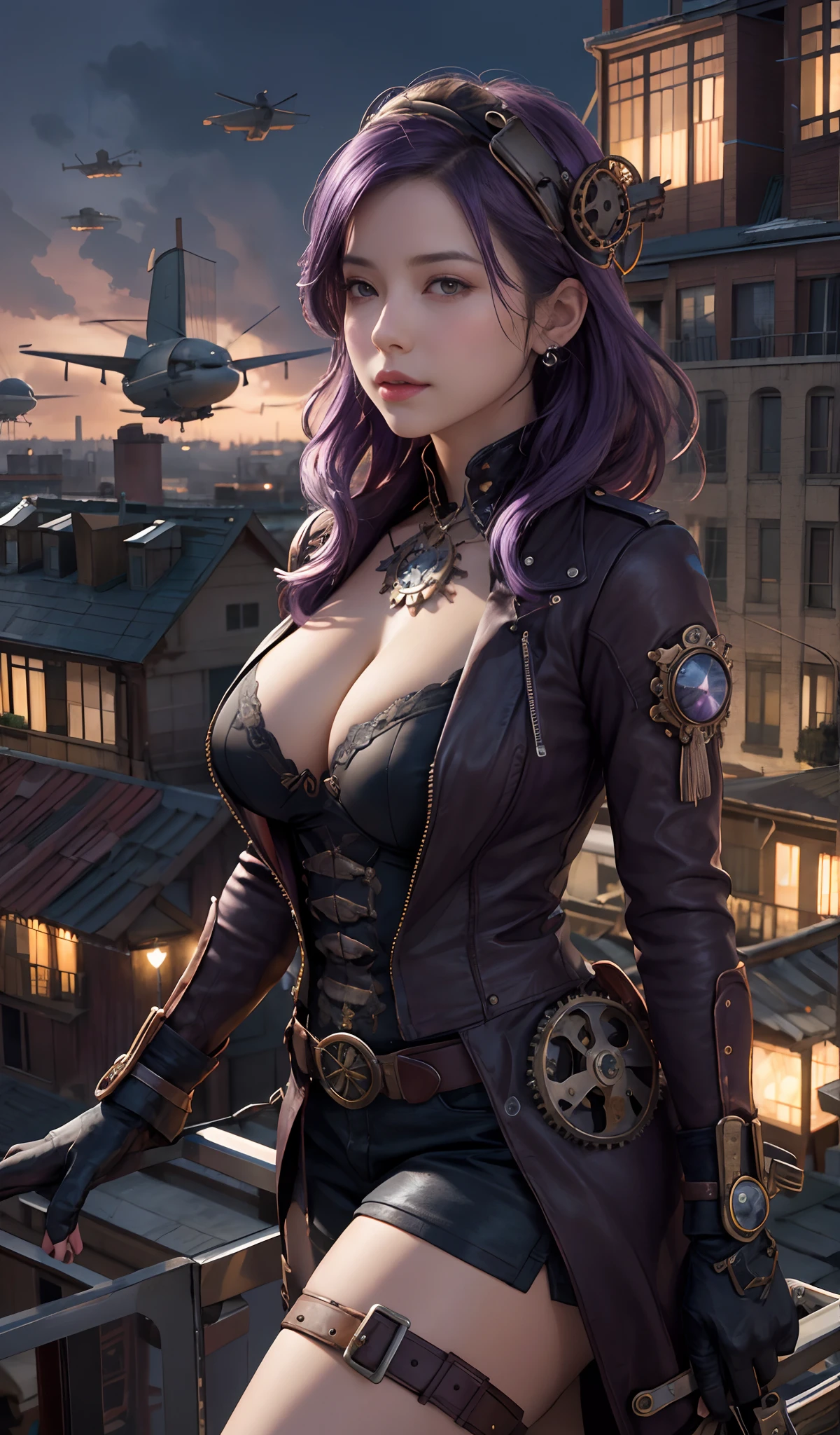 girl srading on top of a building, airships in the sky, airplanes, very detailed, realistic, traced lights, 4k, gourgeos, gears, steampunk style, magical, cap, purple hair, bracelets, intricate details, gourgeos landscape, digital art, realistic, misteryous, gloves, inspiring, defined curves, sensual, deep cleavage, seductive