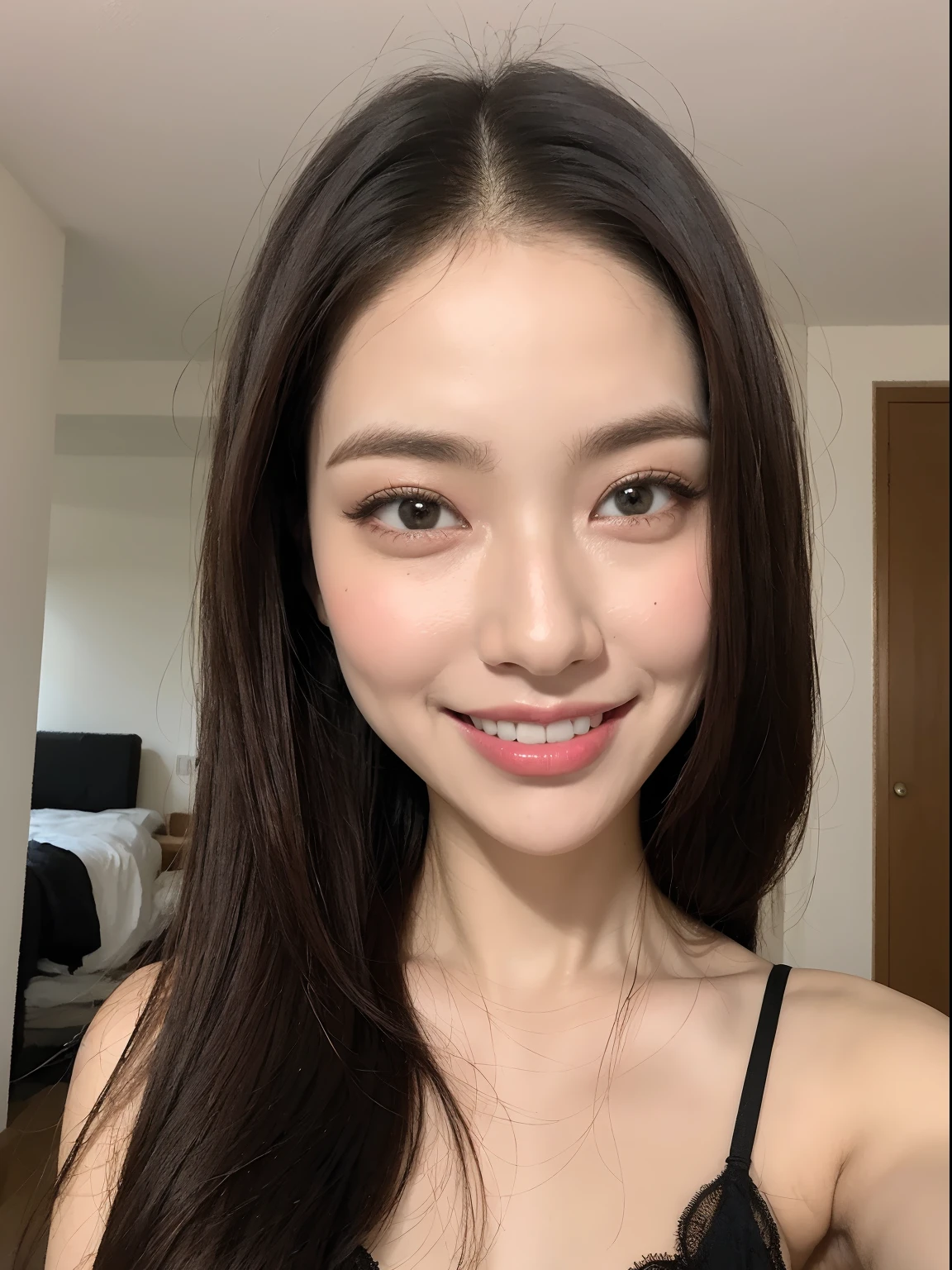 best quality, masterpiece, ultra high res, photorealistic, 1girl, offshoulder, smile