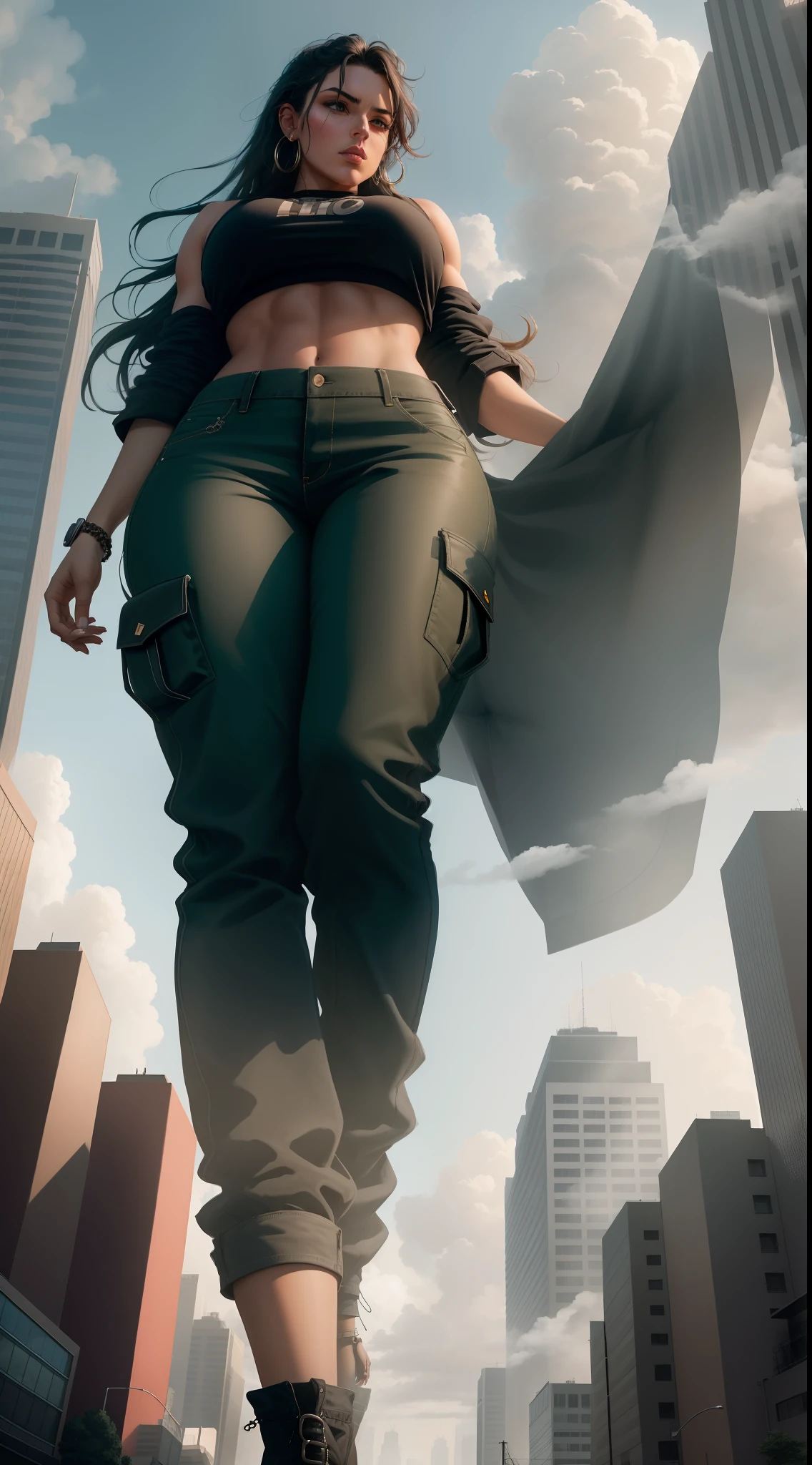 "A towering Giantess in a cool and laid-back hippie style is rocking a crop top and baggy pants. Her toned and athletic build hints at her massive strength. She seems to be casually strolling through the bustling cityscape of GTS City, as towering buildings loom overhead. Smoke and clouds roil around her, adding to the sense of epic scale and drama. The lighting is dark, gloomy, and realistic, creating a tense and ominous atmosphere. The perspective is from below, emphasizing the sheer majesty and power of the Giantess."