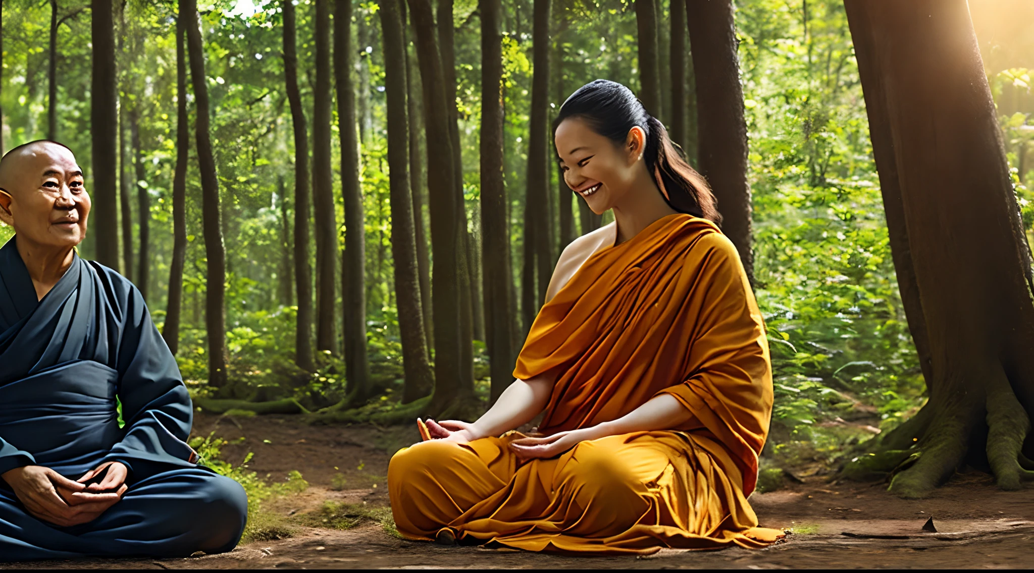 An old Buddhist monk, meditating in the forest near a beautiful woman with a smile on her face, she is kneeling, a realistic, cinematic image 4K