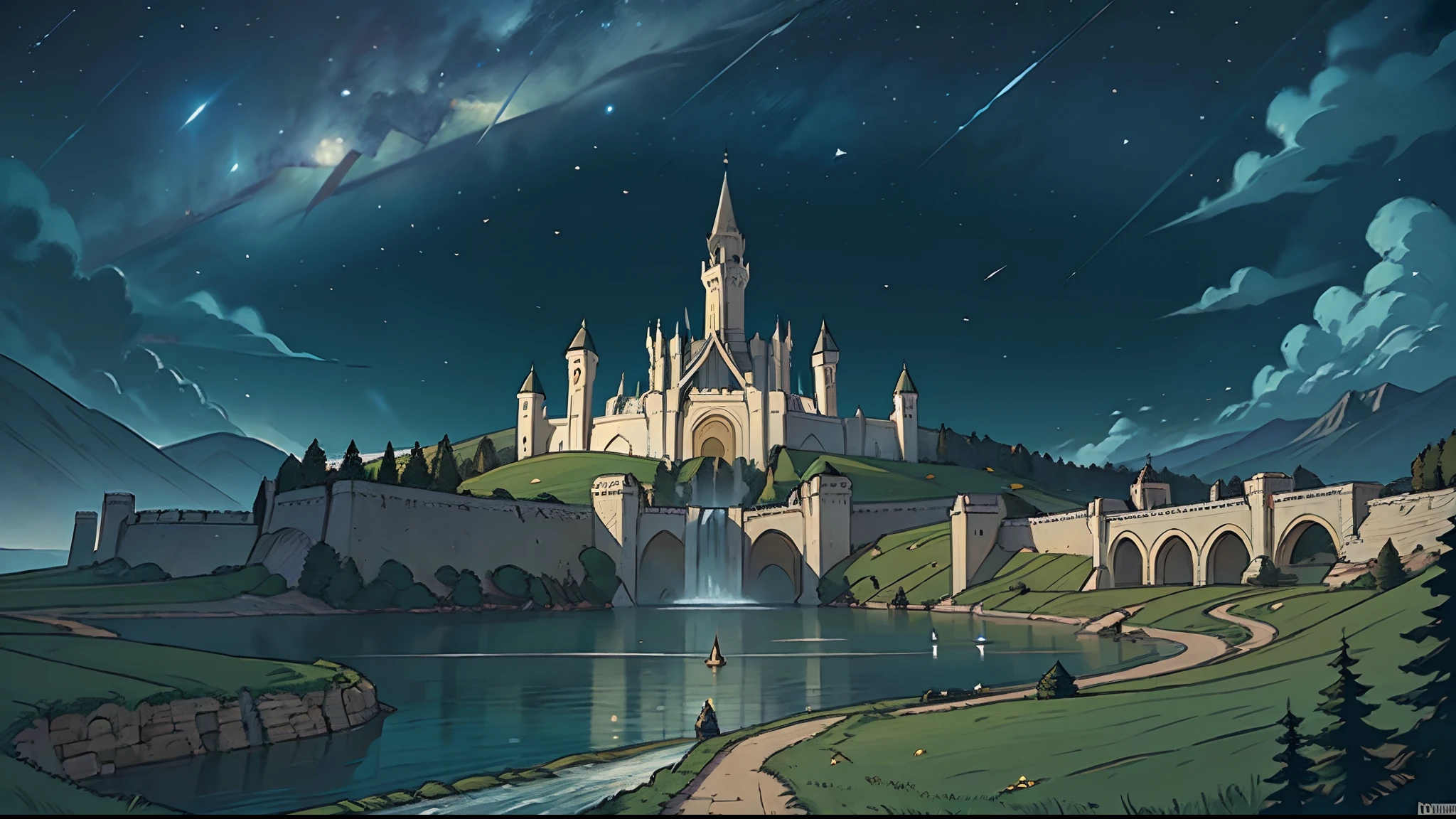 masterpiece, fortified realm, Demacia, sorrounded by big white walss, white walls, white castle, huge realm, Gondor, fantasy RPG, fantasy map, bird's-eye view, far away view, distant standpoint, distant view, after fields, woods around, city of many levels, Demacia from League of Legends, military realm, fortified land, fortress, watch tower, gates, giant statues, giant idols, big walls, long walls, white realm, lord of the rings Gondor, lol demacia, waterfalls, lakes, rivers