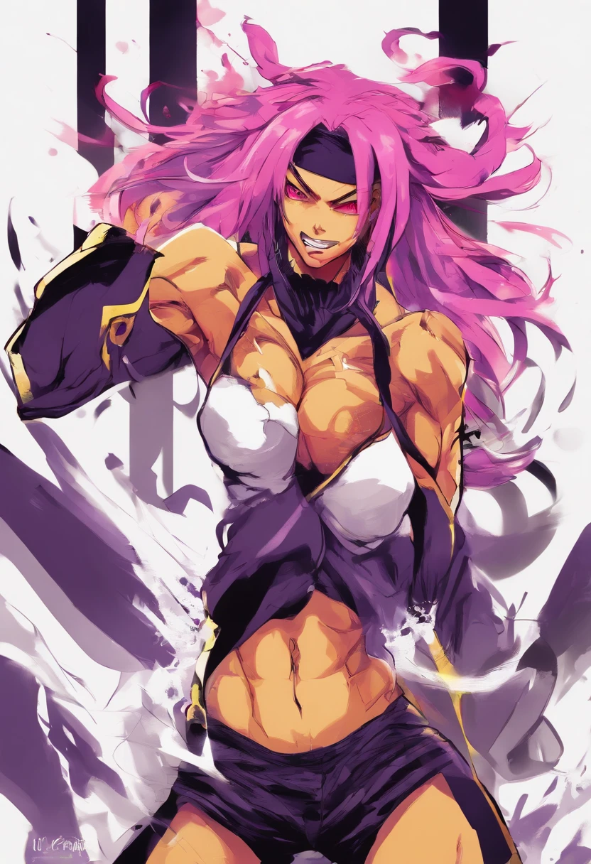 Chica de anime bleach, yoruichi, cabello morado, ojos amarillo brillante, pechos grandes, trasero grande, piel chocolate, desnuda