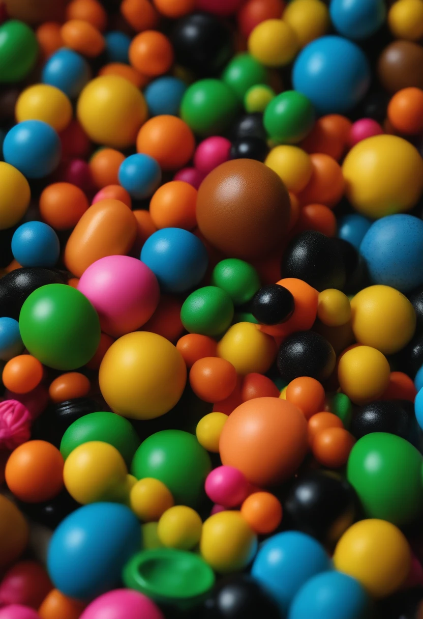 (best quality,4k,highres,vivid colors),inexpensive-looking scene of multiple small toys in various shades of blue, yellow, black, pink, brown, green, and orange(brinquedos infantil)