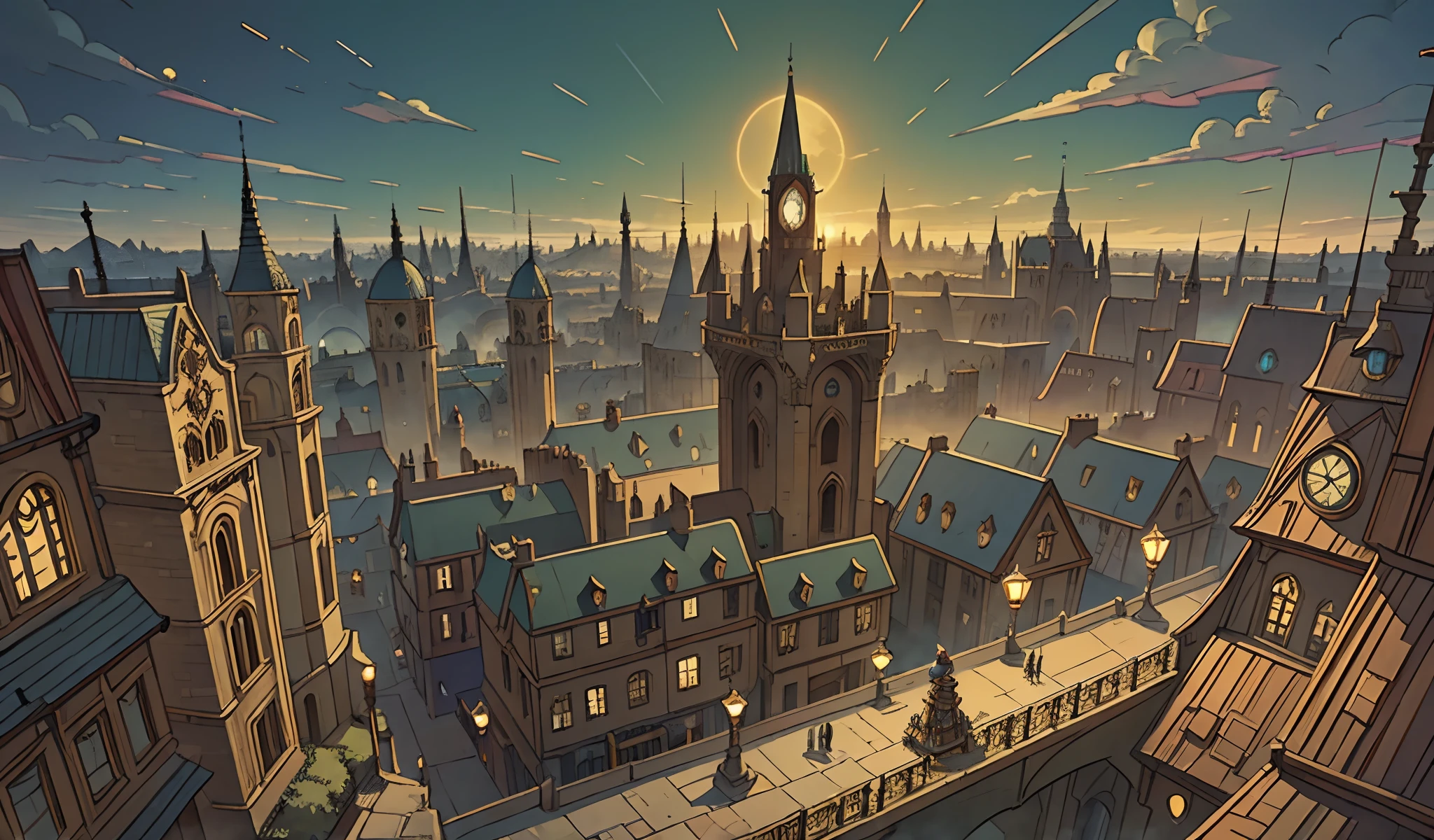 masterpiece, steam punk city, realm map, steampunk realm, futuristic medieval, rpg city, inventors city, steam city, Einbroch, bird's-eye view, far away view, distant stand point, distant view, clock tower, modern bridges, steam machines,