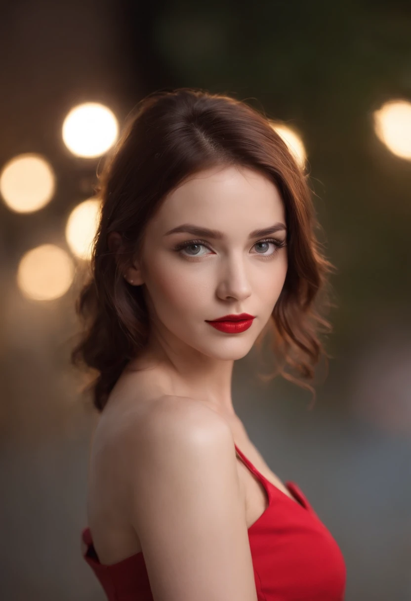 girl with reddish-brown hair, ojos azules, Beautiful, cuerpo completo, medianos senos, con un vestido corto negro con medias de red, tacones altos, red lipstik, cuerpo completo de la cabeza a los pies, en un club nocturno